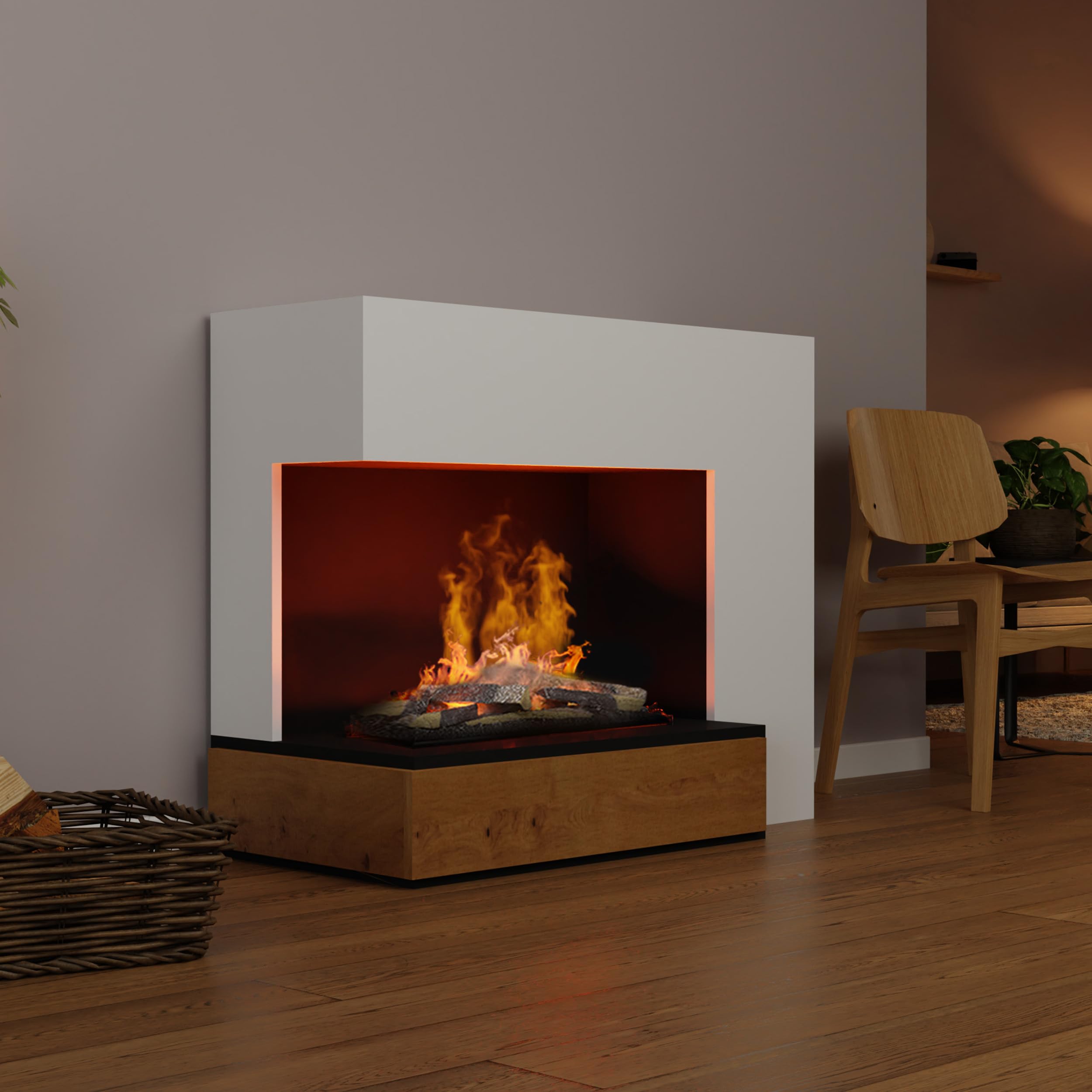 GLOW FIRE Wasserdampf Kamin PLANCK Links (Standkamin) - Elektrokamin mit realistischen LED 3D-Flammen, Knistereffekt & Fernbedienung, 109x90 cm - Opti-Myst 600 Elektro Kamin mit Holz-Deko, Weiß