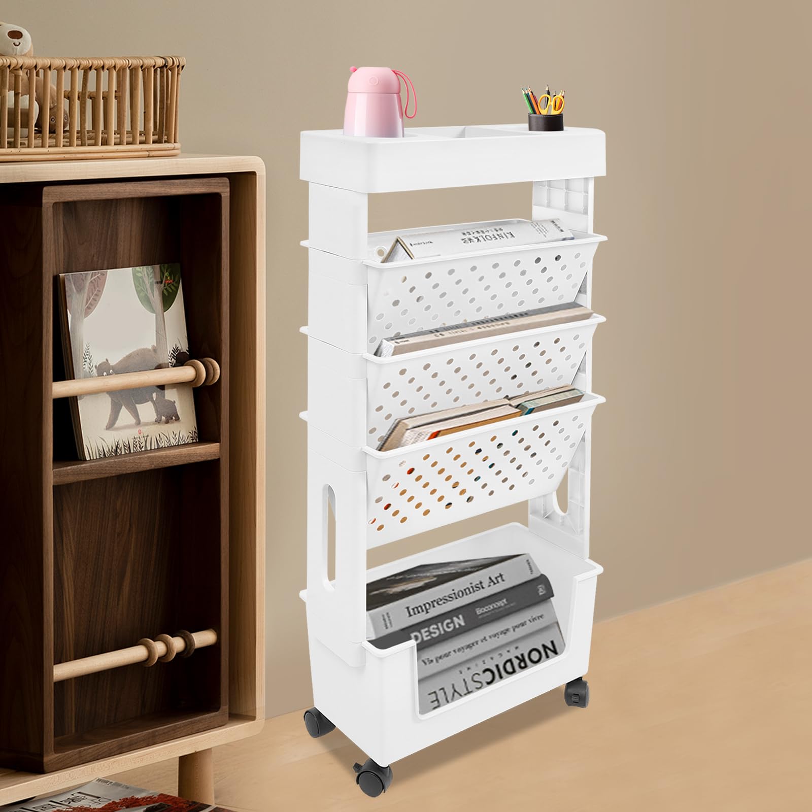 Estantería móvil con ruedas de 5 niveles, carrito de PP/ABS para libros, suministros de manualidades y organizadores, estantería para niños y oficina, con 2 frenos, color blanco