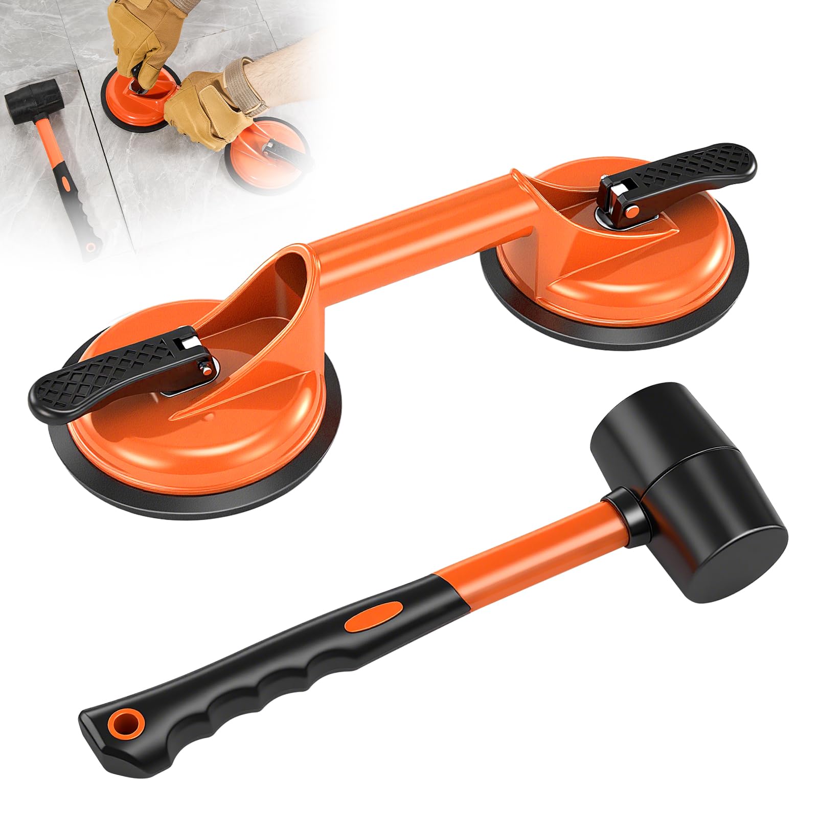 Saker Laminate Floor Gap Repair Tool,Suction Cup Lifter with Rubber Mallet,Floor Gap Repair Kit,for Floating Wood Floors and Moving Glasses (Orange)