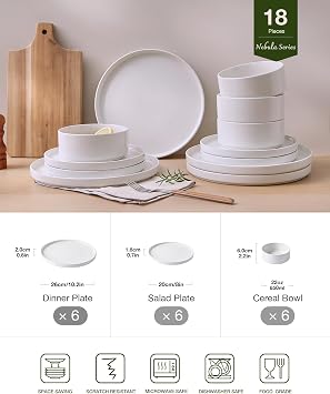 Richmount Nebula Dinner Sets for 6 People, 18PC Speckled Stoneware Set, Scratch Resistant Dinnerware Sets, Dishwasher & Microwave Safe, Dining Plates and Bowls Sets, White with Speckled