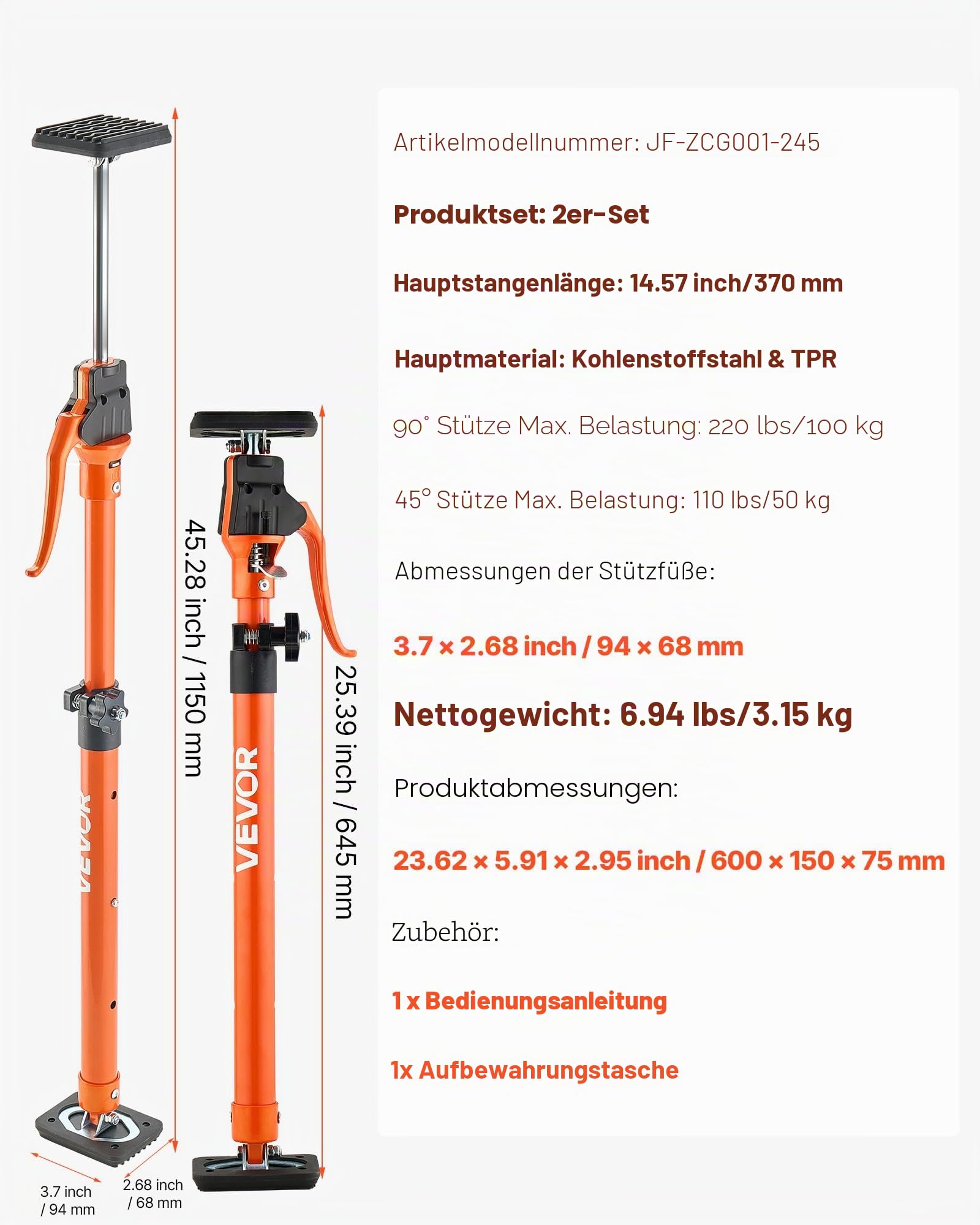 VEVOR Einhandstütze, 2x, Deckenstütze 64,5–115cm, Teleskopstütze aus Stahl, Montagestütze bis zu 100kg Kapazität zum Installieren von Schränken, Anheben von Trockenbauwänden, Frachtstangen