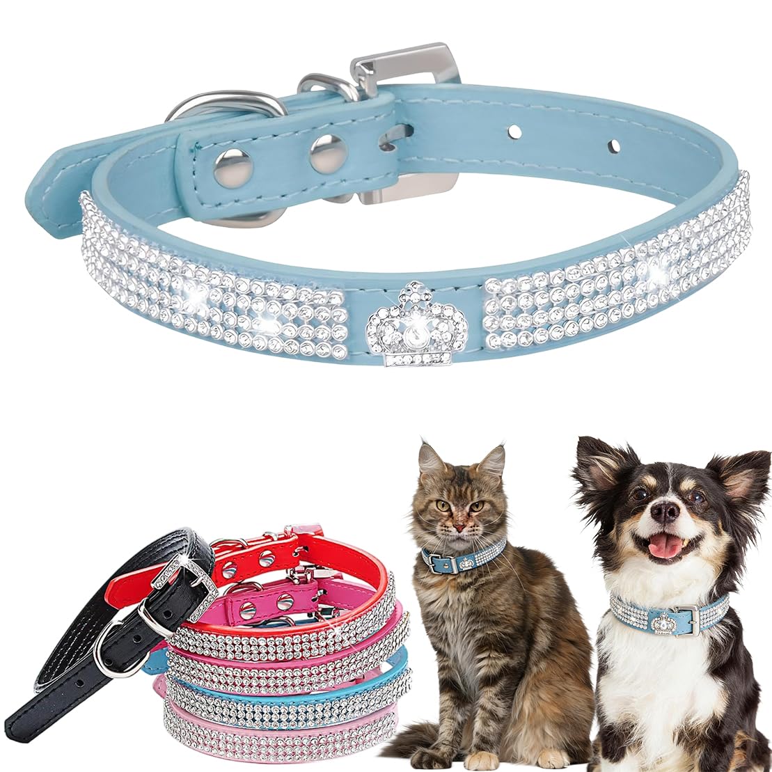 Collier pour chien diamant petite taille avec strass bleu et couronne M