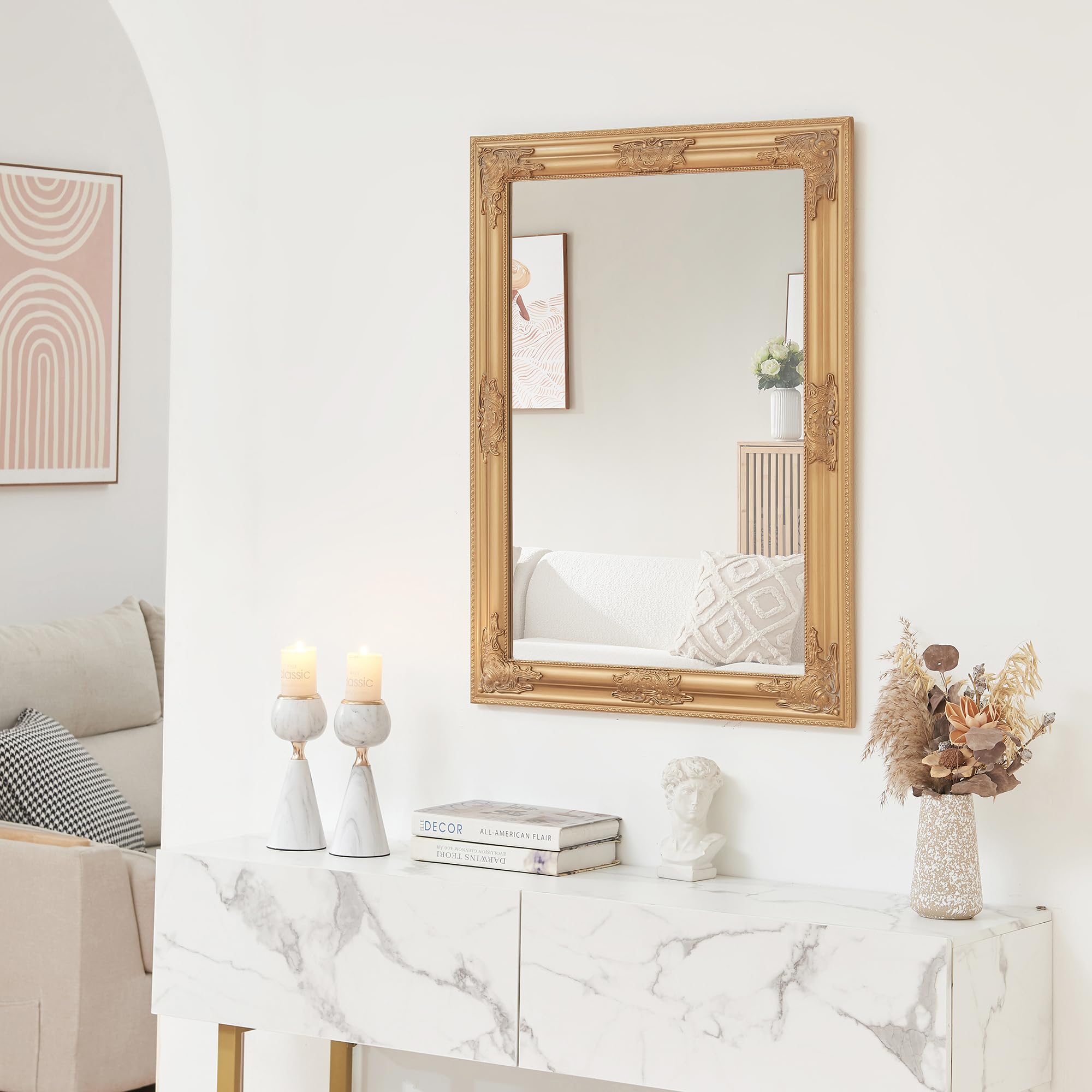 [en.casa] Specchio da Parete Rettangolare 80x60 cm Specchio Decoratvo con Cornice Dorata in Legno di Eucalipto Stile Barocco Montaggio Verticale e Orizzontale