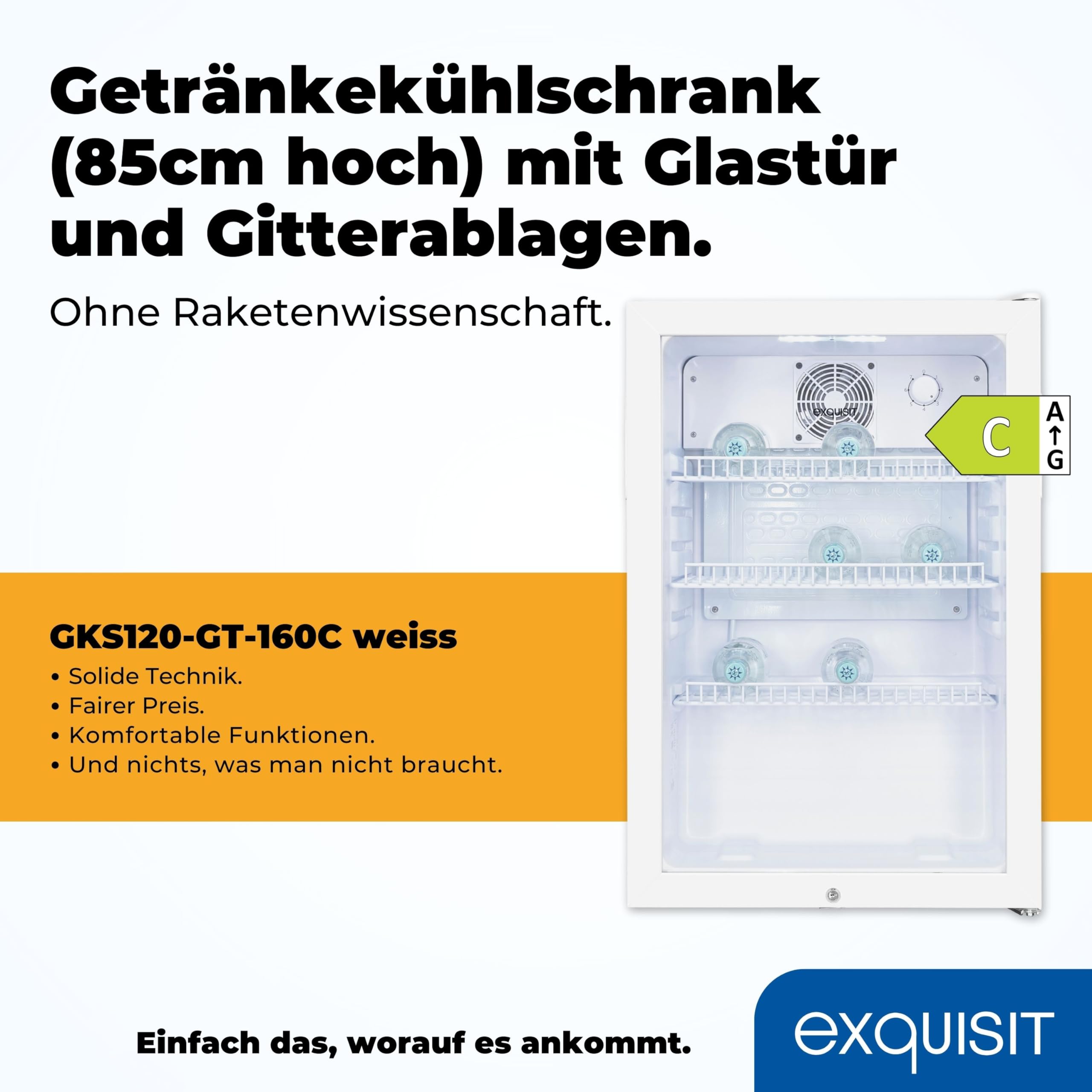 Exquisit Glastürkühlschrank GKS120-GT-160C weiss 118 L Türschloss Standgerät