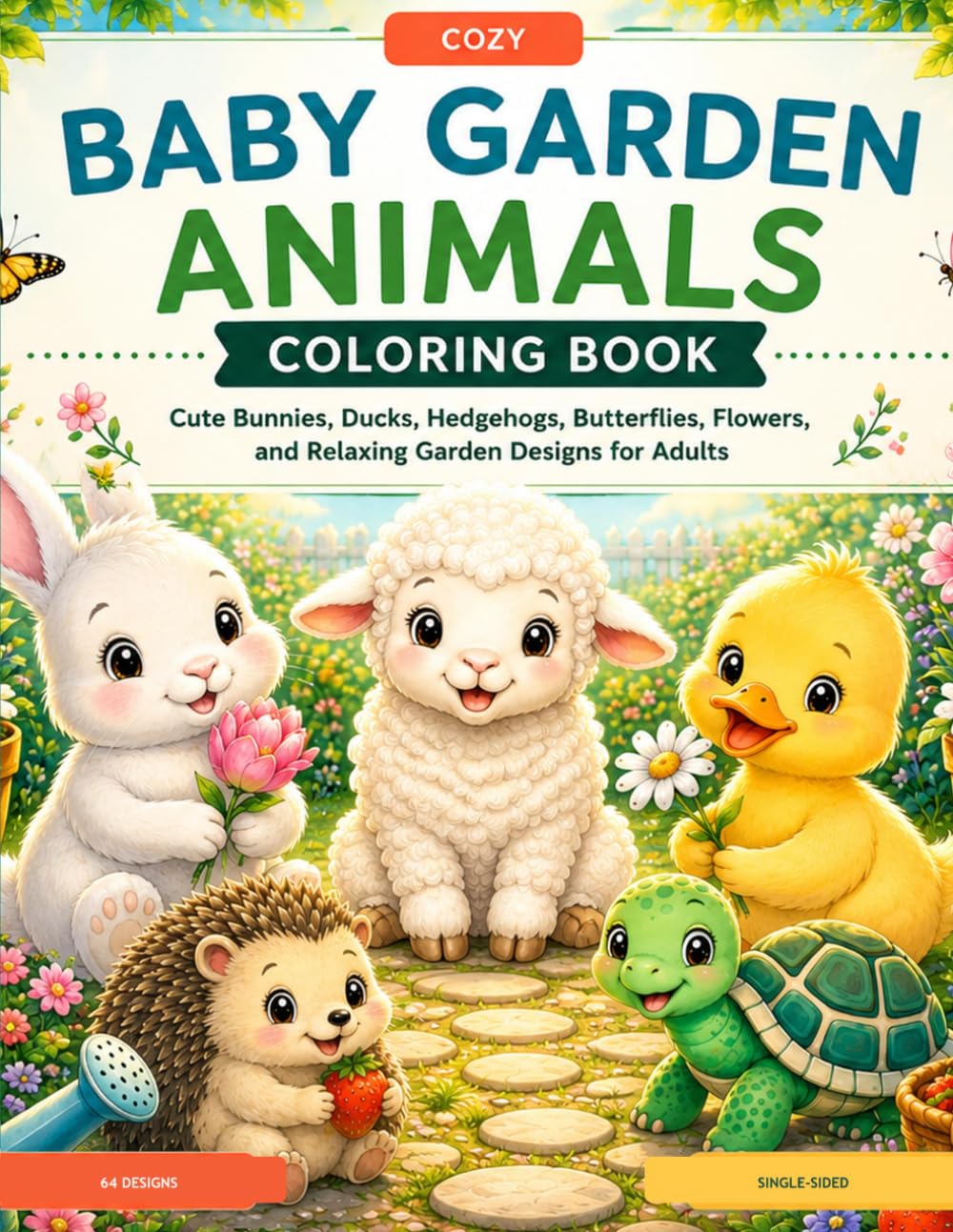 Cozy Baby Garden Animals Coloring Book: Cute Bunnies, Ducks, Hedgehogs, Butterflies, Flowers, and Relaxing Garden Designs for Adults