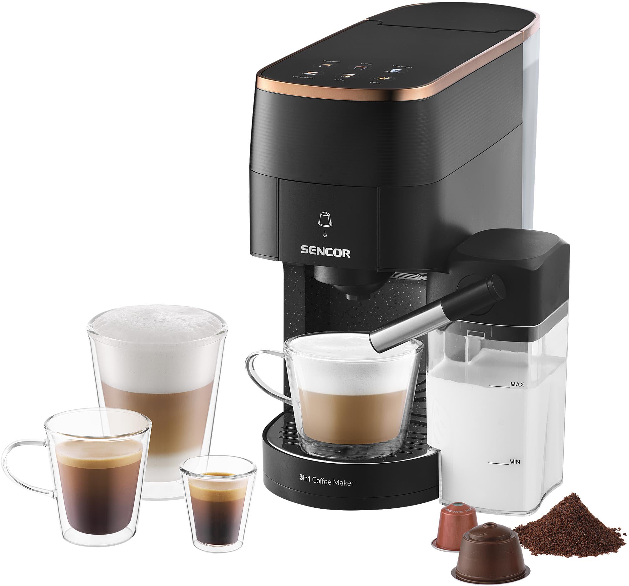 Sencor SCC 3000BK Macchina da Caffè 3 in 1, Multi-Capsula, 19 Bar, Display LED Touch, 1450W, Nero