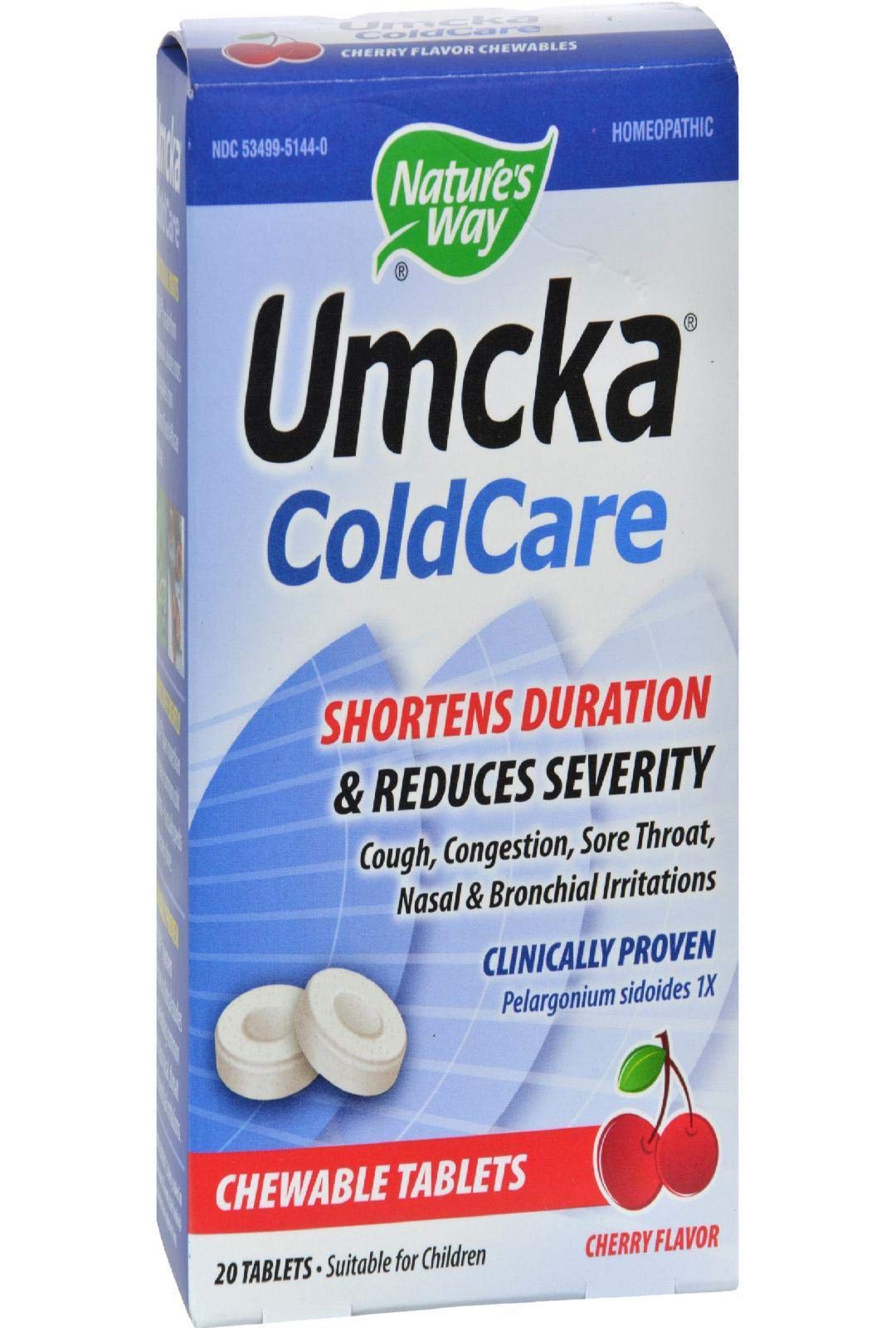 Nature's WayUmcka Cold Relief, Shortens Duration and Reduces Severity, Multi-Symptom Cold Relief, Homeopathic, Phenylephrine Free, Cherry Flavored, 20 Chewable Tablets