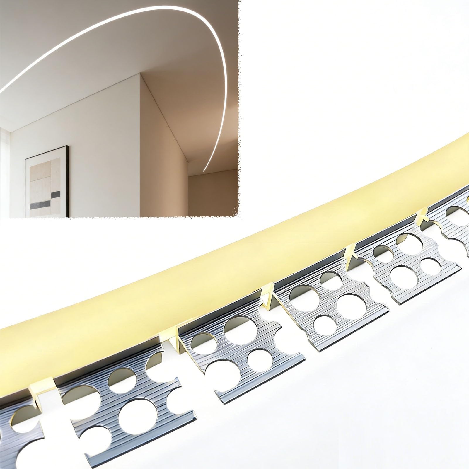 Aluminiowa listwa LED z dyfuzorem, kanał zakrzywiony, sufitowy, pośrednie oświetlenie z mleczną osłoną, giętki, do zabudowy, do salonu, 3,5 m
