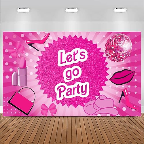 Cartel de fiesta con texto en inglés "Let's Go" de color rosa intenso, cartel con temática de princesa, marco de fotos, fondo de fotografía para