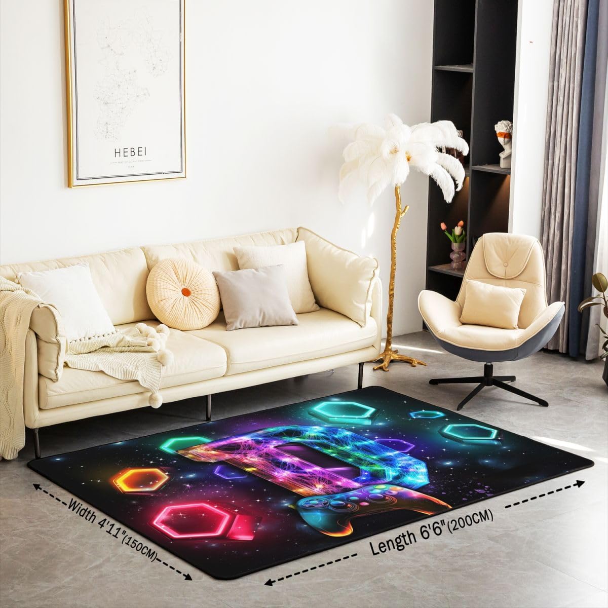 Galaxy Gaming 3 x 5 Area Rug Rainbow Alphabet Rugs for Living Room Neon Video Game Monogram Letter D Washable Rug, Glowing Hexagon Aesthetic Low Pile Carpet Indoor Floor Mat image 2