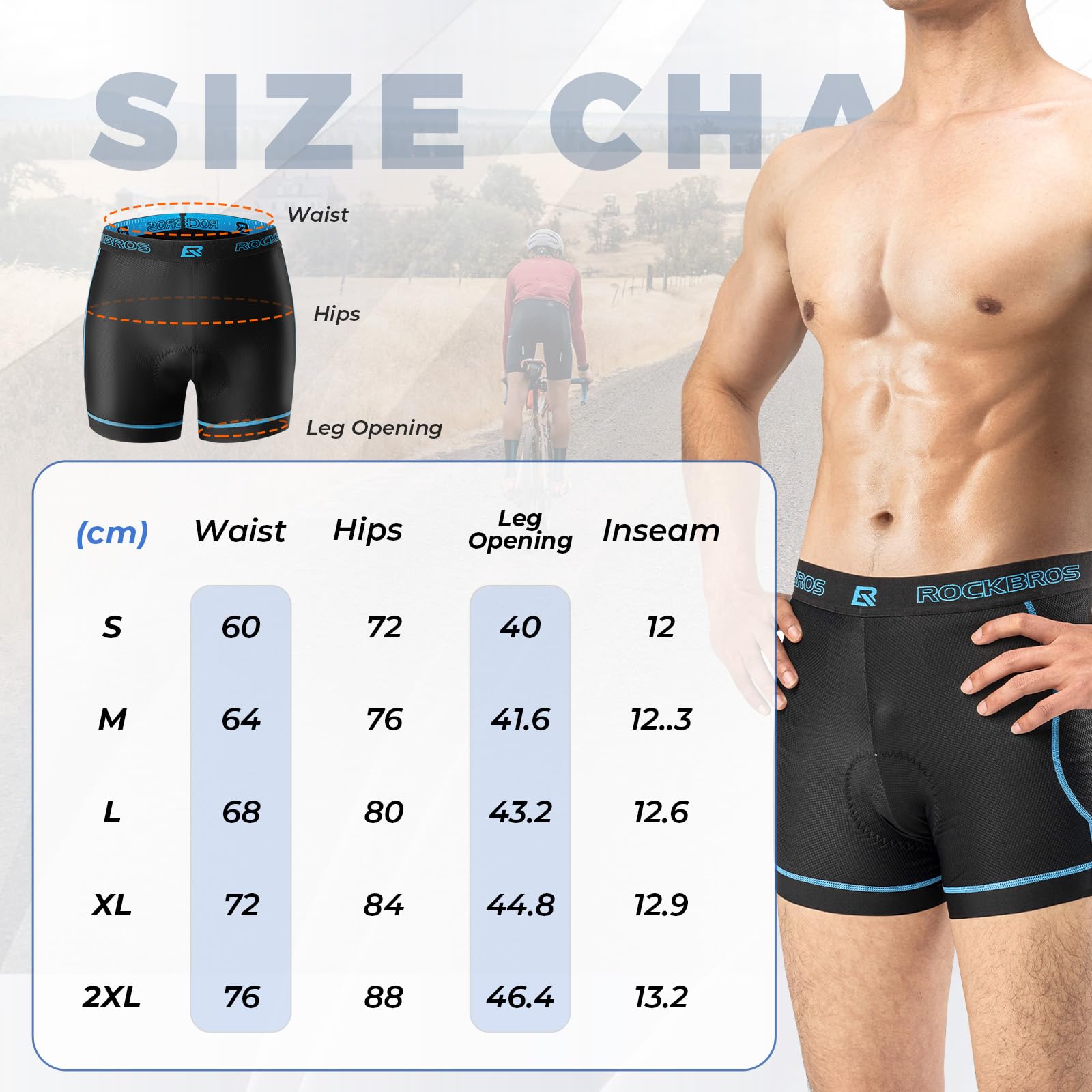 ROCKBROS Fahrradhose Herren Radunterhose mit 3D Sitzpolster Atmungsaktive Fahrradunterhose Gepolstert Fahrrad Unterwäsche Kurz Elastisch MTB Rennrad S-3XL