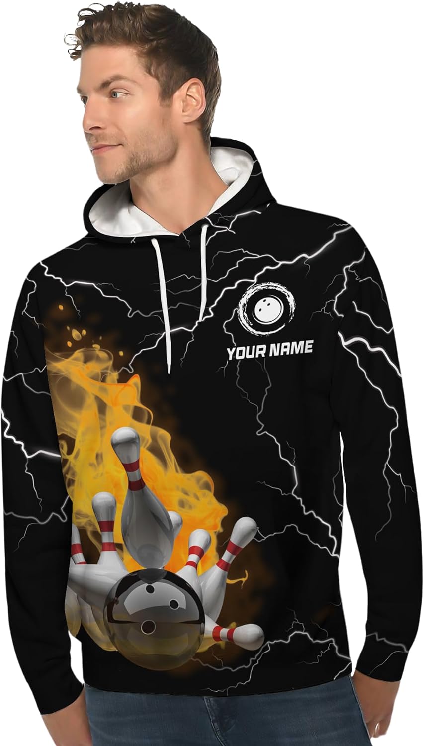 Unisex Bowling Hoodie Customized Lightning Fire Bowling Pin Long Sleeve Shirt For Bowling Team Print Bowling Lover Clothes