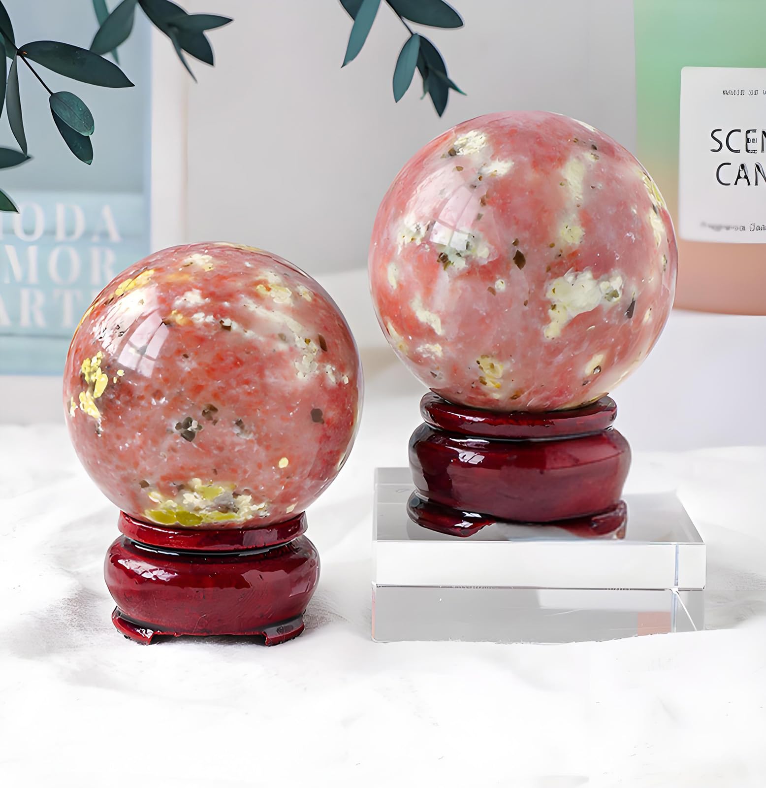 Bola de Piedra de Flor de Melocotón Natural con Base de Madera, Bola de Cristal de Cuarzo, Orbe de Cristal Curativo Mágico para Feng Shui, Meditación, Adivinación, Decoración,45~50mm