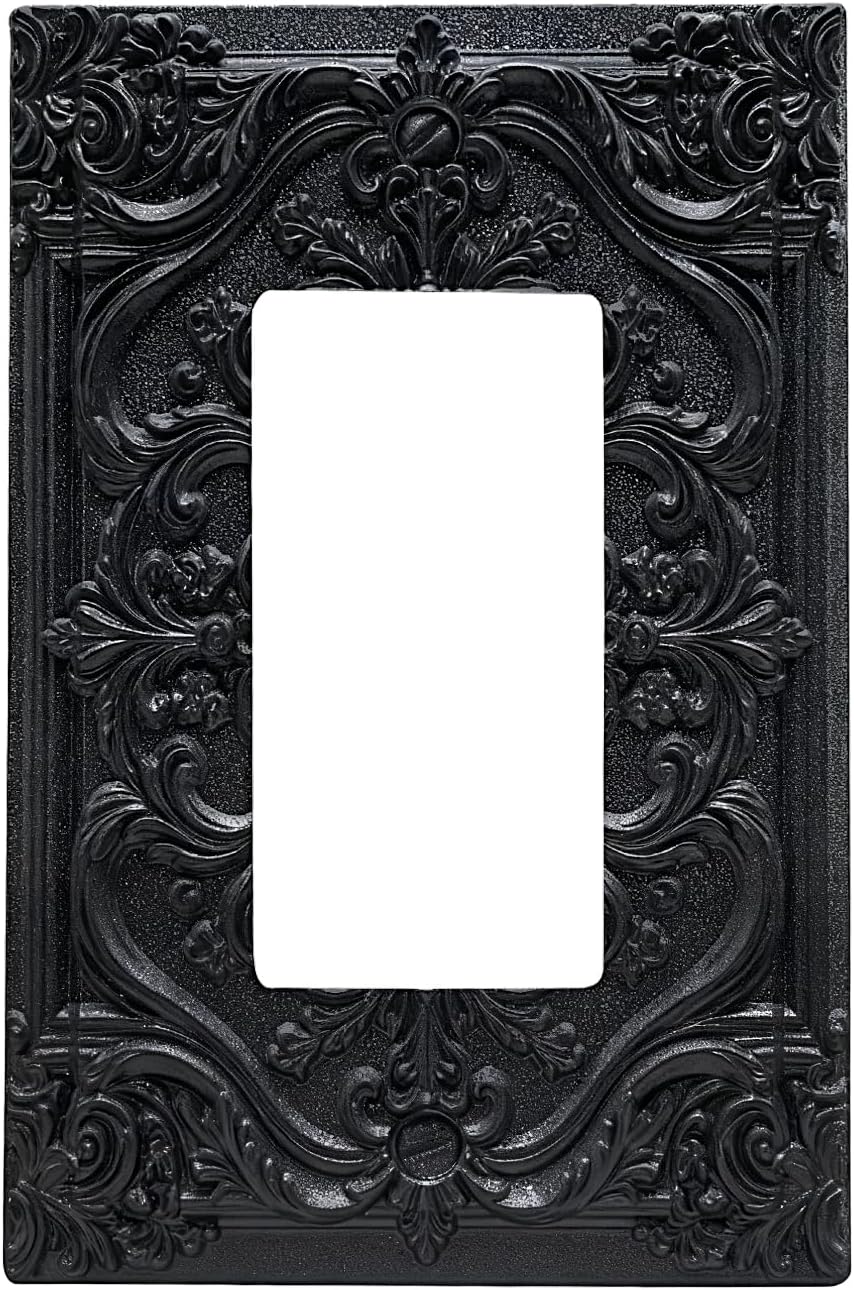 Decorative Outlet Covers Black Luxury 3D Embossed Ornate Floral Design 1 Gang Rocker Light Switch Cover Plate Single Decora Light Switch Covers Wall Plate Faceplate for Elegant Home Decor