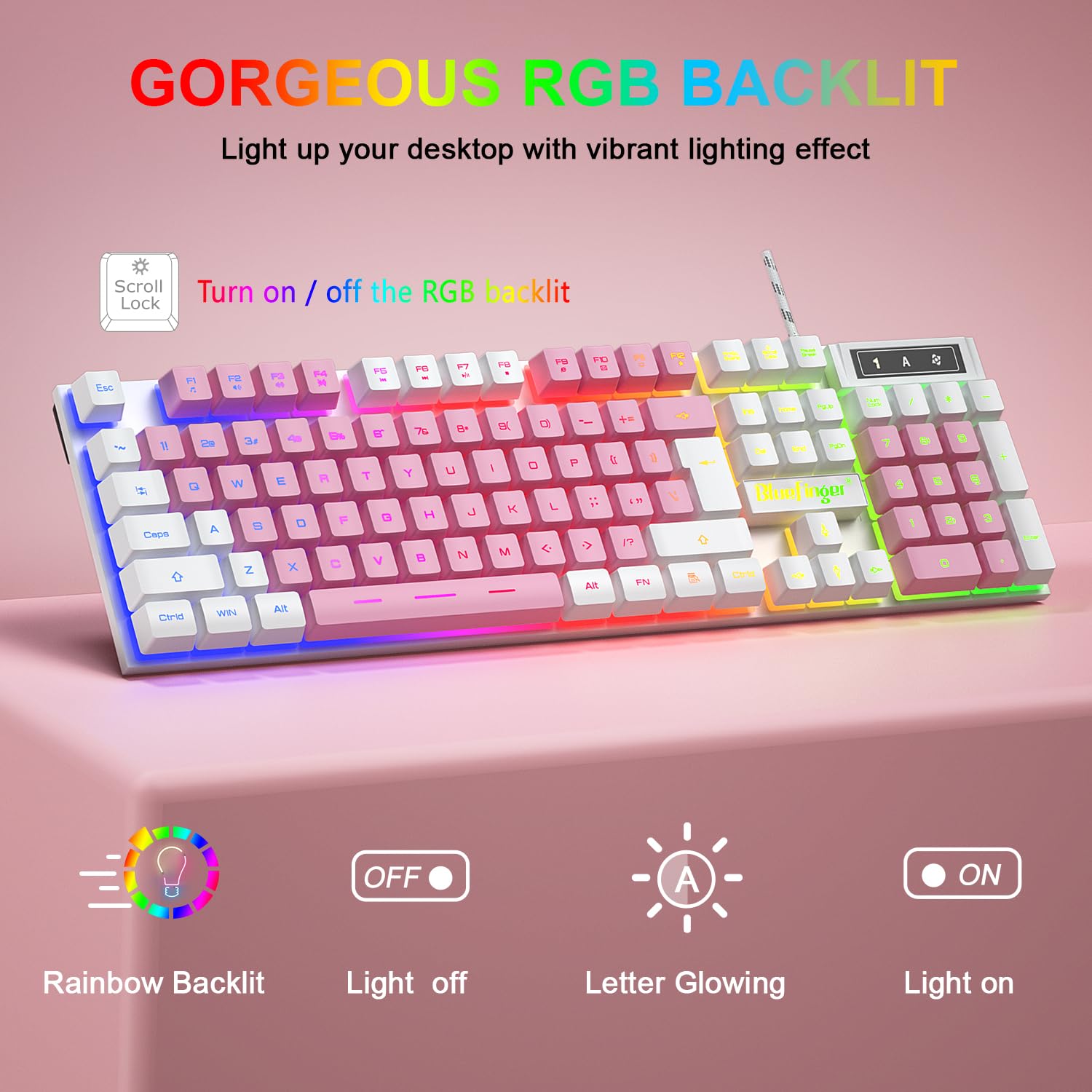 BlueFinger Tastiera da gioco RGB e mouse retroilluminato, con cavo USB, set da gioco a LED per laptop, PC, giochi e lavoro (bianco e rosa)