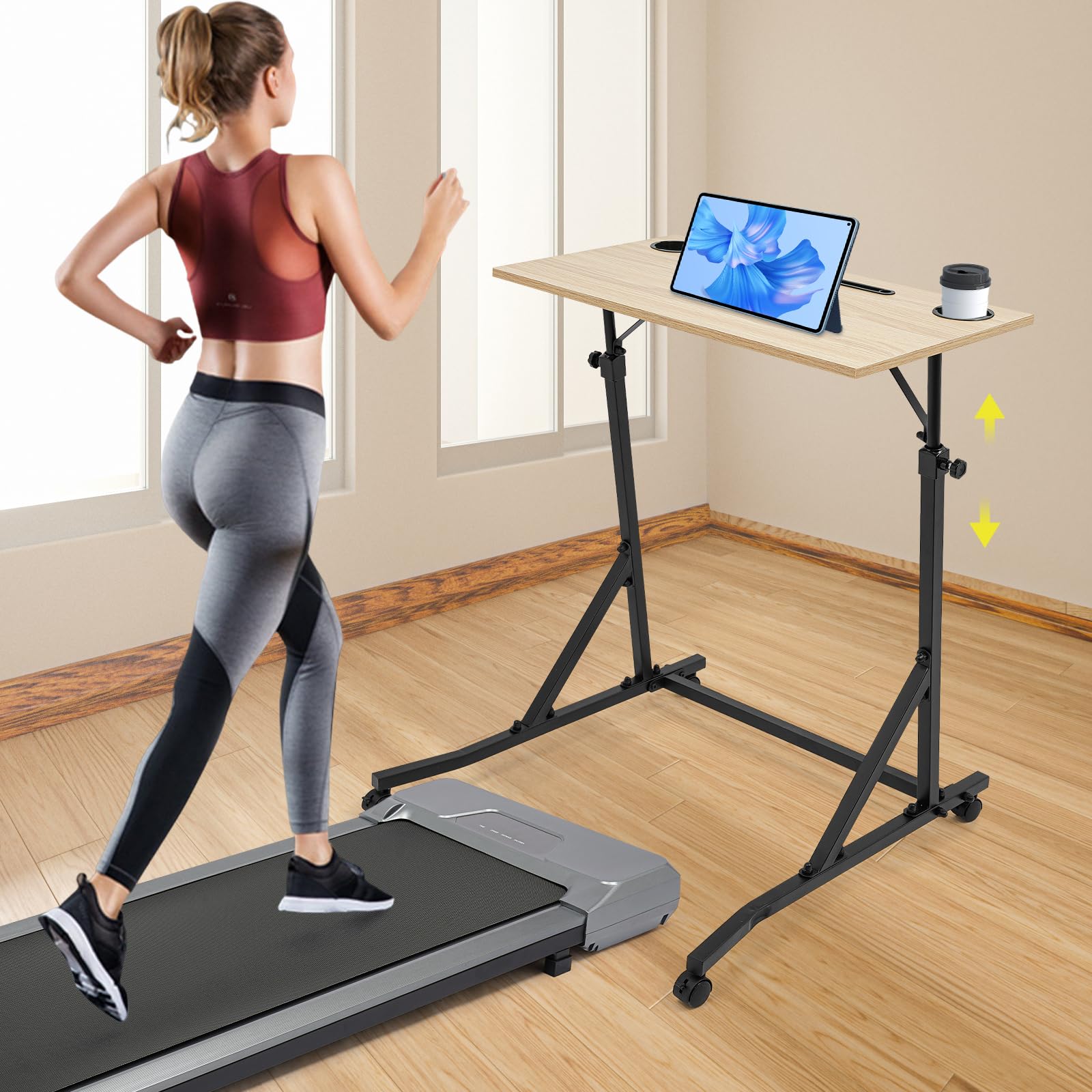 Bureau de vélo pour entraîneur de vélo, tapis de marche, tapis de course, table d'entraînement avec roues, hauteur réglable 90-118 cm, bureau d'ordinateur de fitness, pour appartements, bureaux