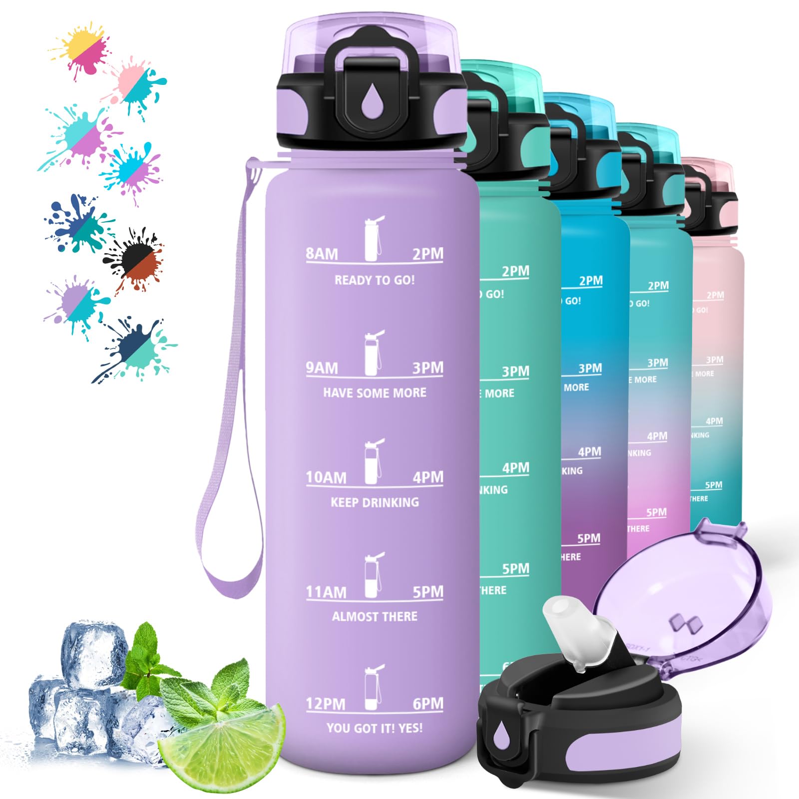 Grsta 1 Litre Motivational Leakless Water Bottle with Straw, Timer, Easy to Clean, for Sports, Gym, Hiking, Yoga, Purple