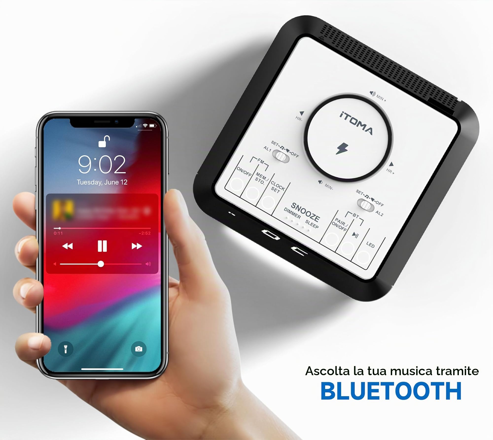 iTOMA Radiosveglia con Ricarica Wireless con Altoparlante Bluetooth, Radio FM da Comodino, Doppia Sveglia con Snooze, Ricarica USB, Luce Notturna e Display Dimmerabile 205