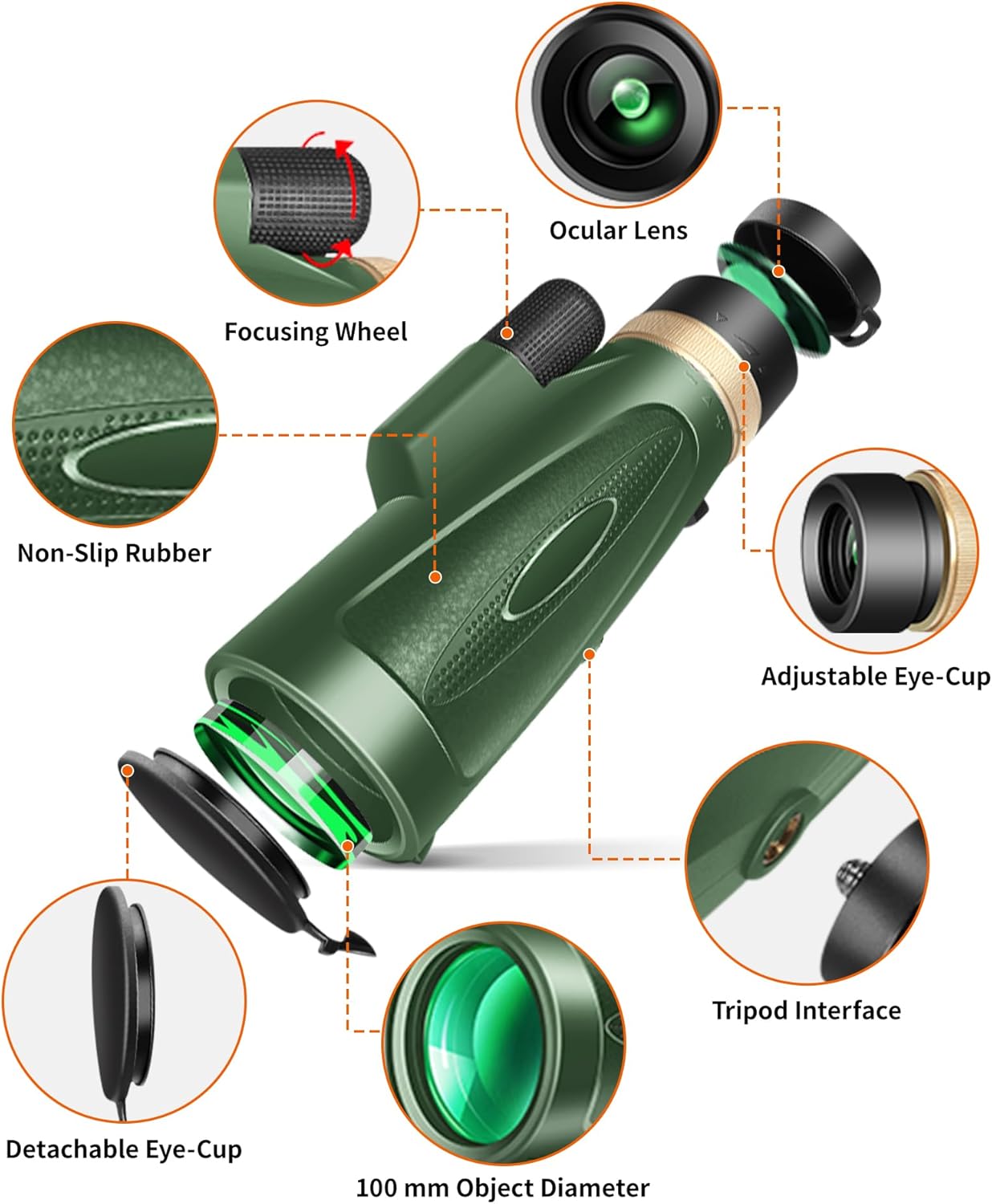 monocular telescope 80x100 high power with smartphone adapter tripod,larger vision monoculars for adults with bak4 prism & fmc lens, suitable for bird watching hunting hiking camping wildlife-green 2d-green