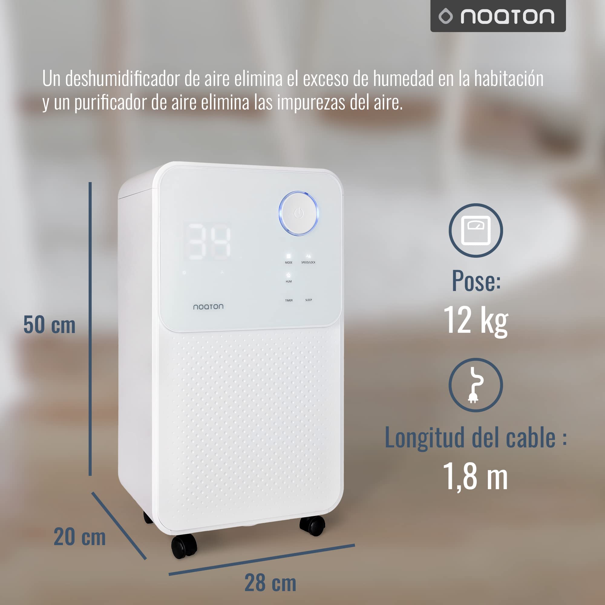 Deshumidificador y purificador de aire Noaton DF 4114, máximo 13,5 l/día, para espacios de hasta 25 m²/63 m3, máximo 180 W, Drenaje Continuo, Secado de Ropa, Temporizador 24h, Filtro de Carbón, R290