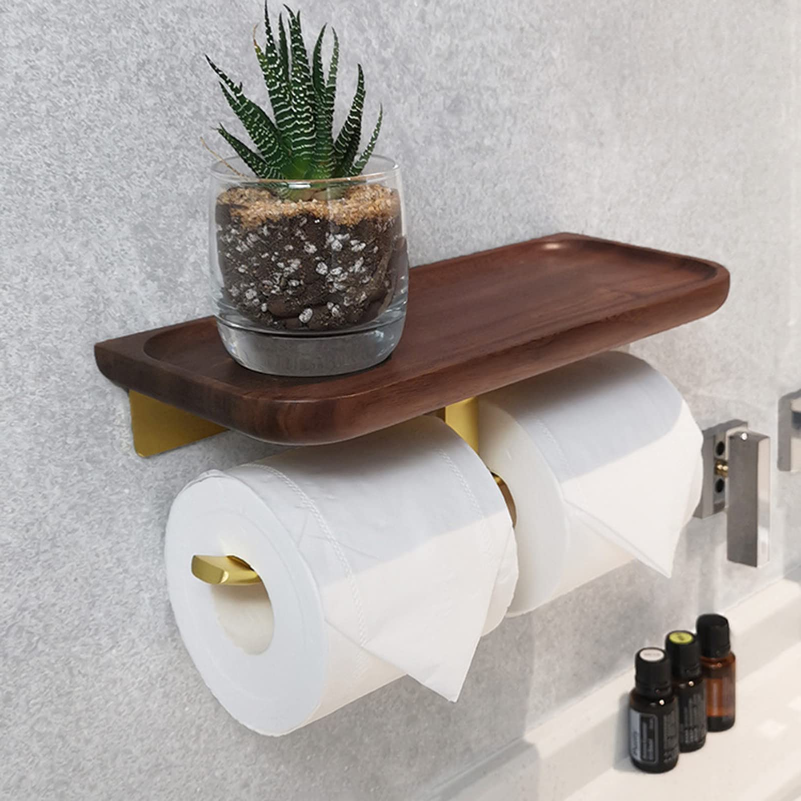 LIU- Portarrollos Doble con Estante De Madera para Guardar Teléfonos Móviles Y Papel Higiénico De Repuesto, para Lavabo De Cocina Y Baño(Color:Dorado)