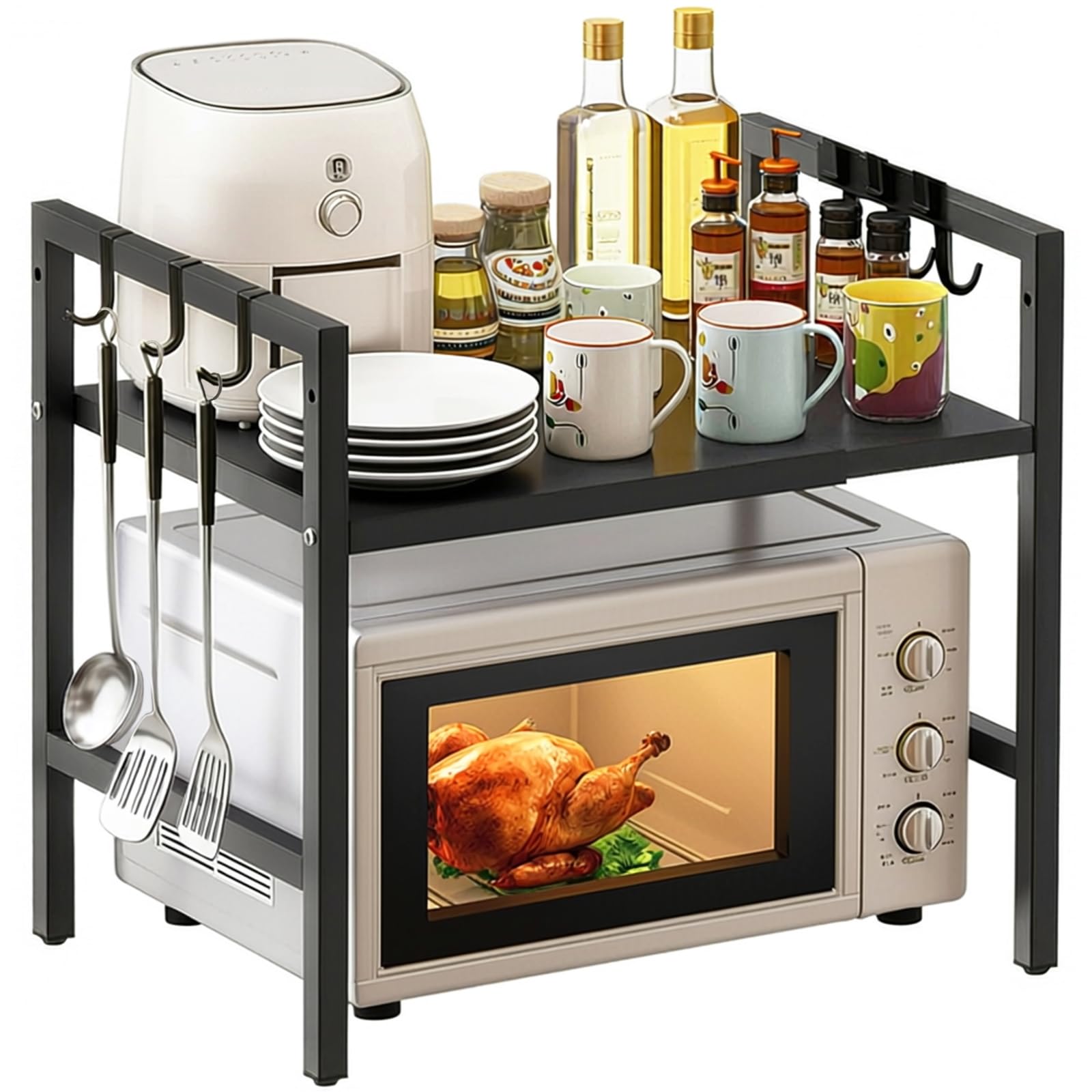 Mikrowellen Regal, 2 Stufig Erweiterbares 40-64cm | Verstellbares Küchenregal Stehend, Mit 6 Haken, Für Backofen Kaffeemaschine, Stabile Microwave Stand