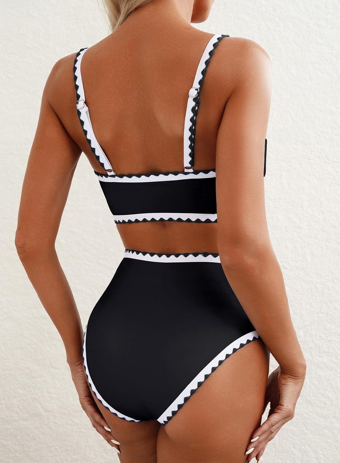herseas women's bikini sets floral print whip stitch 2 piece swimsuits high waisted scoop bathing suits small black white abstract