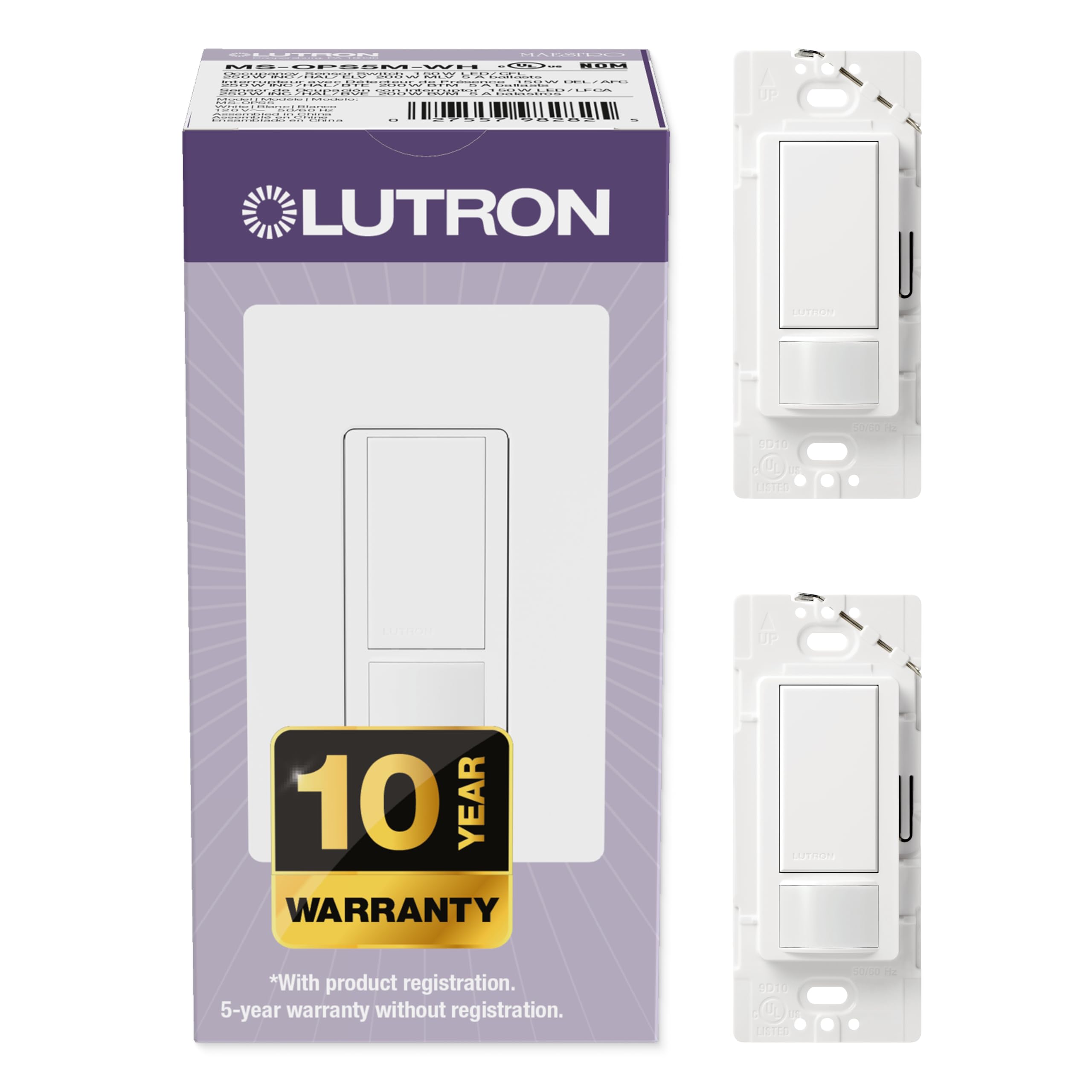 Lutron Maestro Motion Sensor Light Switch Indoor for Bathroom, Garage, Laundry Room, Closet, Occupancy Sensor Light Switch, Single-Pole, No Neutral, MS-OPS5MH-WH-2, 2 Pack