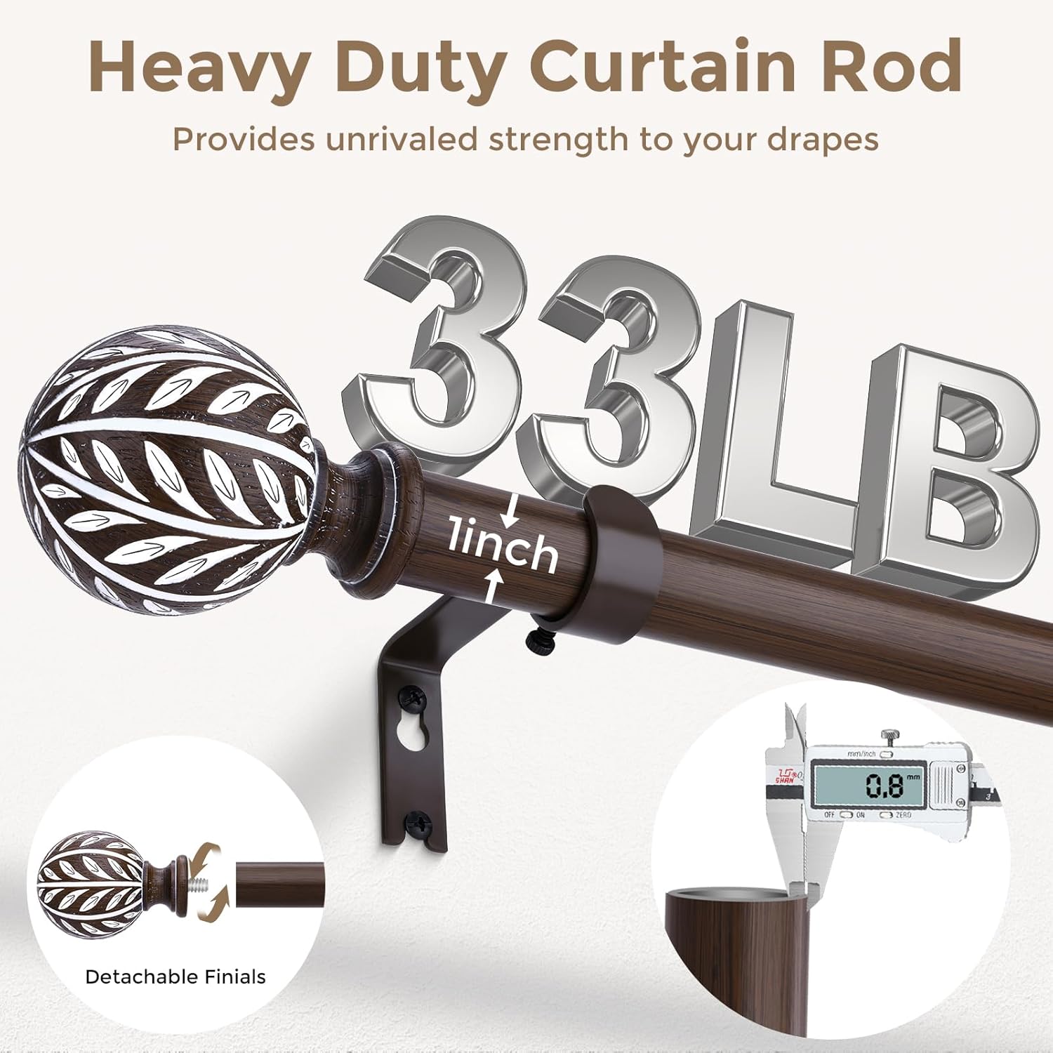 2 Pack Boho Wood Curtain Rod, Walnut Decorative Curtain Rods for Windows 30 to 56 Inch with Handmade Wood Grain Leaf Finials, 1 Inch Adjustable Heavy Duty Window Treatment Rods, Easy Install