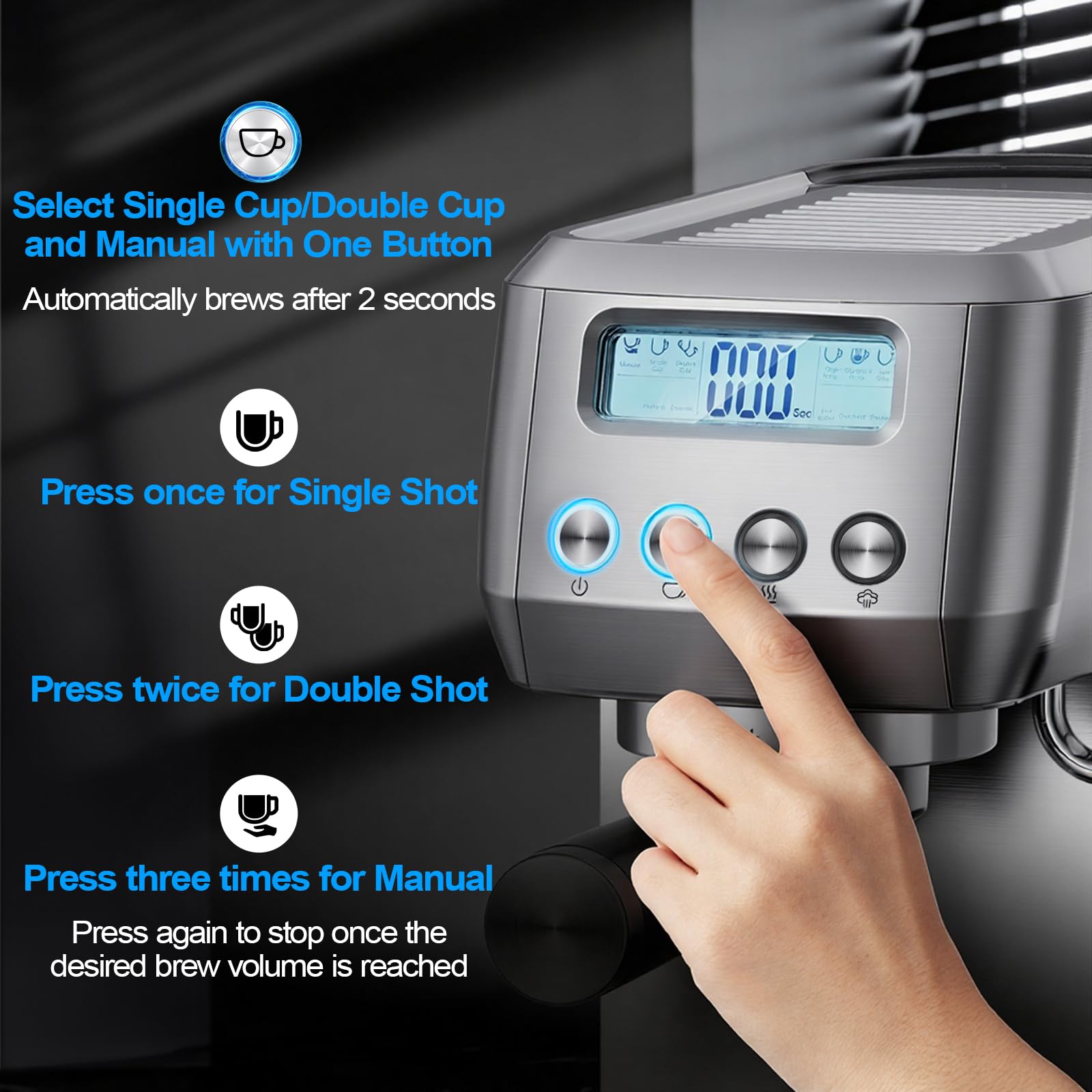 Horavie Espresso Machine 20 Bar, Compact Espresso Maker with Milk Frother, Stainless Steel Cappuccino & Latte Machine with LCD Screen, Adjustable Temperature, 44oz Water Tank for Home, Office — view 4