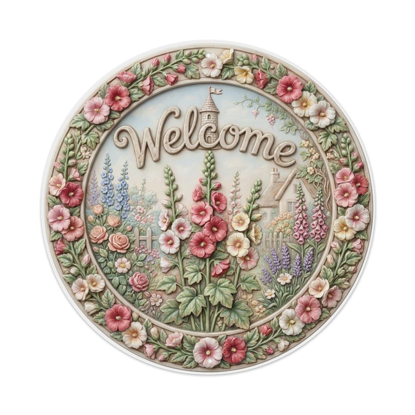 Metal Tin Sign Hollyhock Garden Welcome Cottage Towers