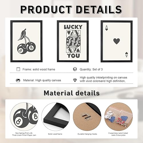 Miniatura 4 de Juego de 3 pósteres enmarcados de póquer para pared, 12 x 16 pulgadas, impresión de reina de corazones, decoración retro Lucky You para sala de