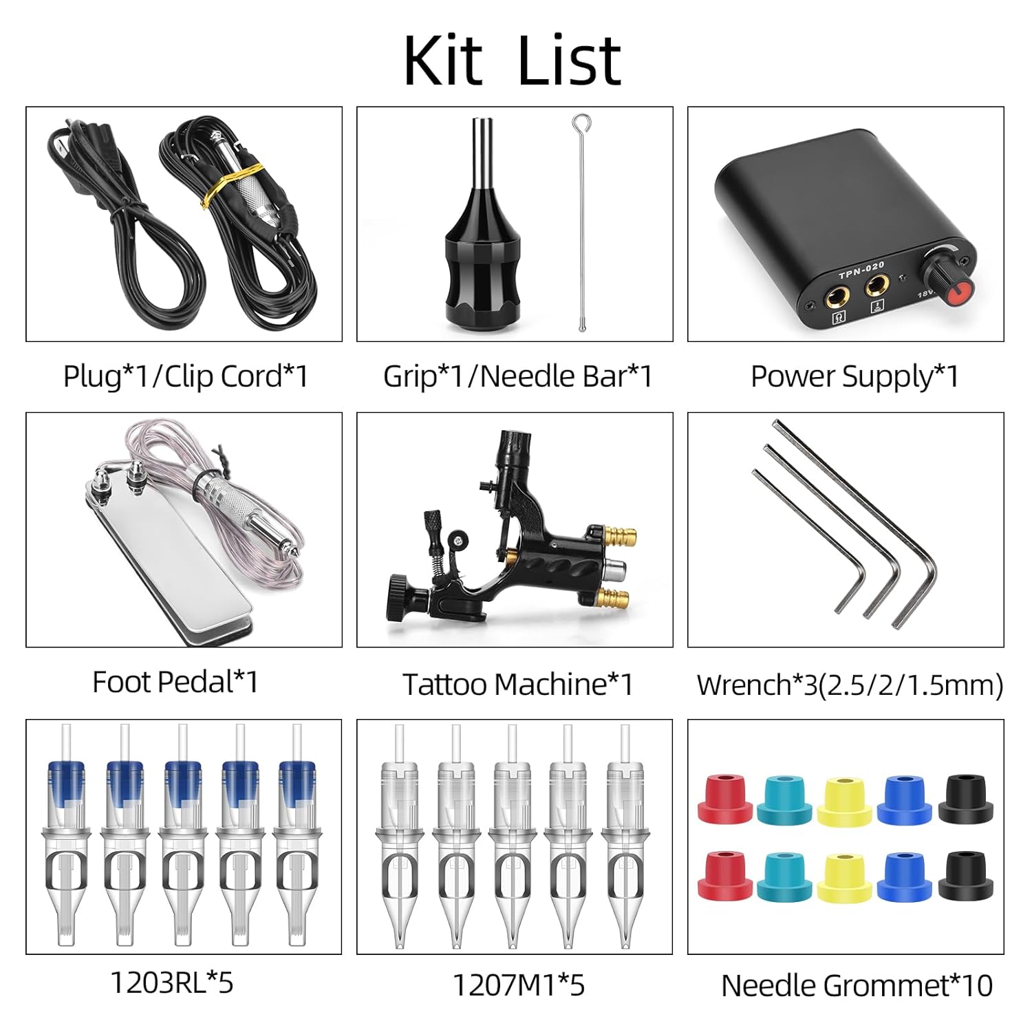 Rotary Tattoo Machine Kit, ATOMUS Tattoo Motor Gun with Power Supply Foot Pedal Clip Cord Handle Grip 3RL 7M1 Cartridge Needles Grommets Tattoo Liner Shader Kit