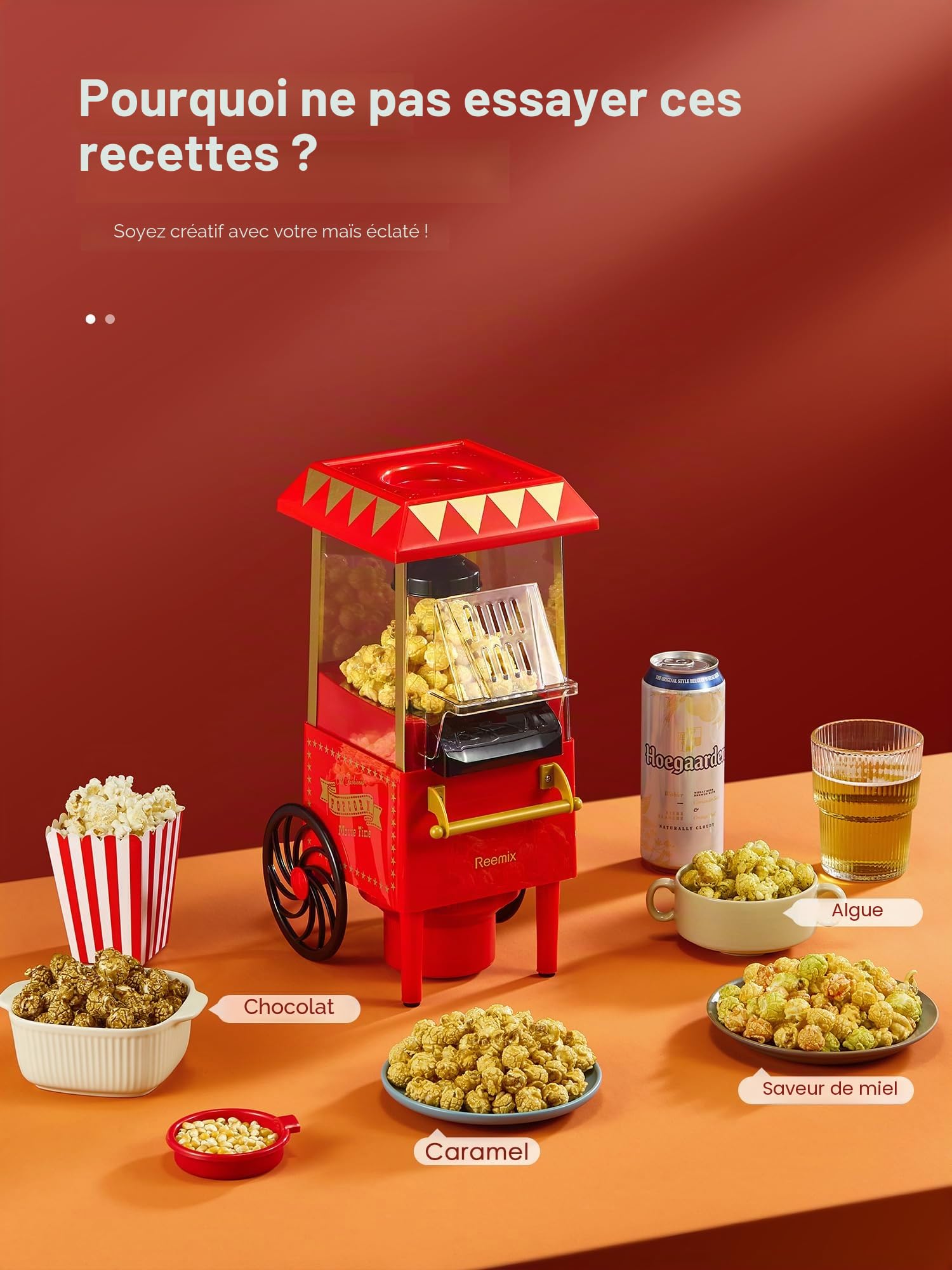 Machine à popcorn, Reemix 1200W Machine à popcorn électrique, Sans huile, Popcorn frais fait maison en moins de 3 minutes, Utilise de l'air chaud, Couvercle détachable, Fêtes, Soirées cinéma, Rouge
