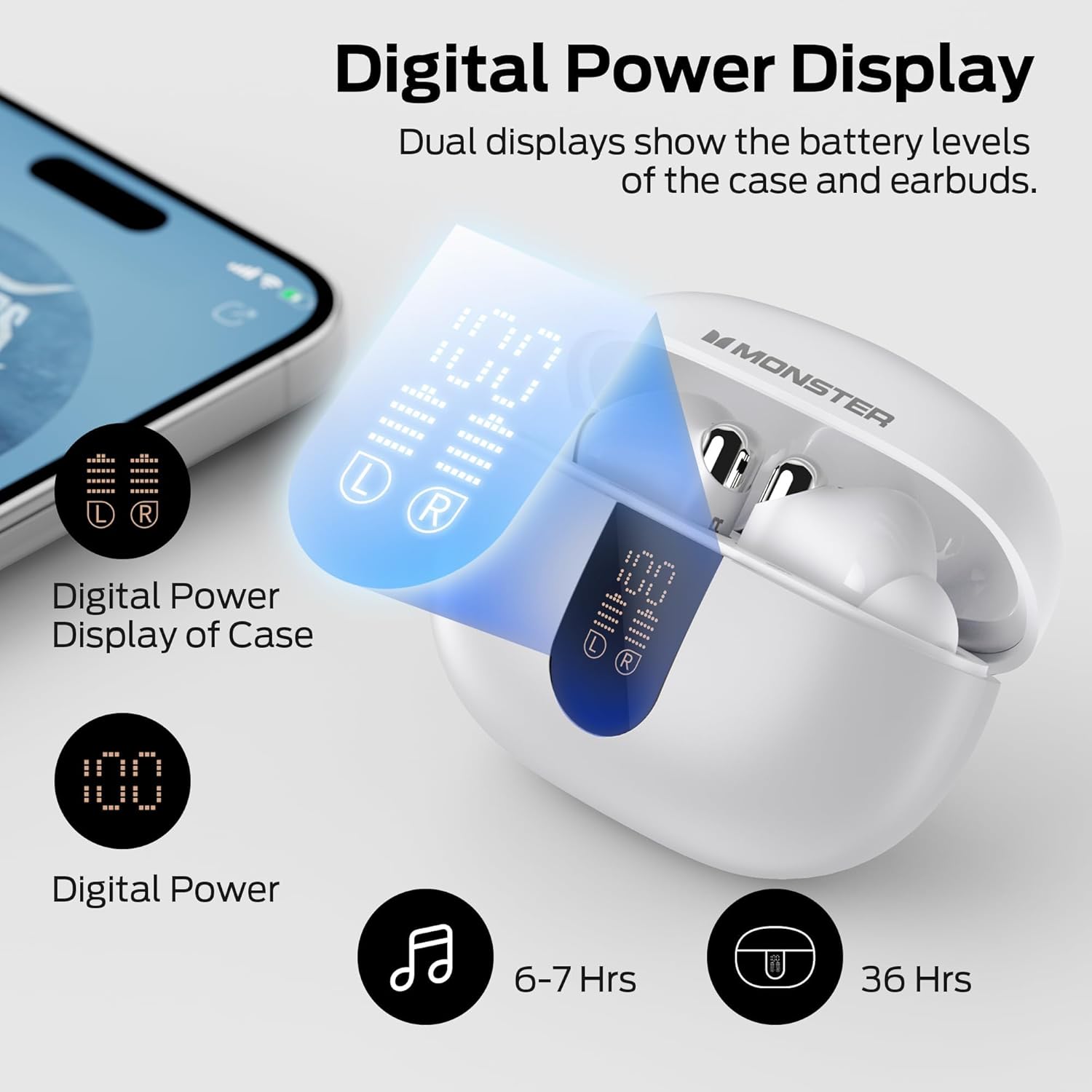 Monster N-Lite 211 Wireless Earbuds, Bluetooth 6.0 Stereo Headphones with Powerful Bass, Built-in Noise-Cancelling Mic for Clear Calls, LED Display, 36H Playtime, IPX5 Waterproof Design for Sports - Image 5