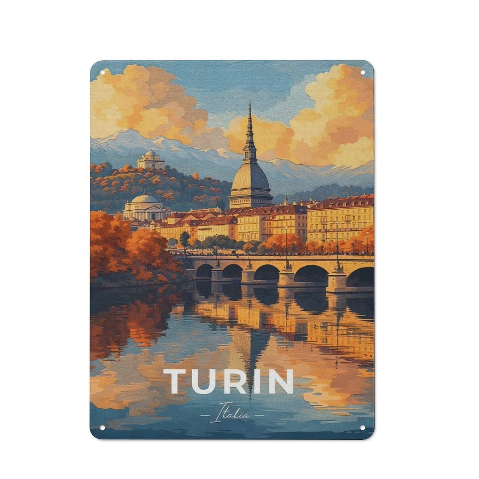 Junmoney Style-19 Barn Style Farmhouse Metal Sign 40X30cm Featuring Turin, Italy Cityscape With River Reflection, Cottage Wall Art For Kitchen, Cottage, Porch Or Garden Room