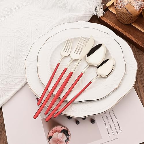 Miniatura 4 de Juego de cubiertos de plata y rojo brillante, 40 piezas para 8, juego de cubiertos de acero inoxidable 1810, vajilla pulida con espejo, incluye
