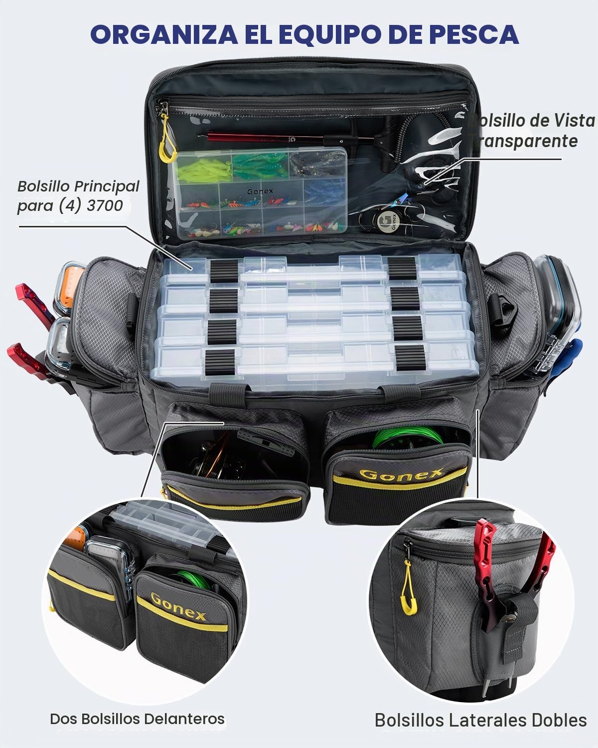 Gonex Bolsa de Pesca Impermeable de poliéster con Correa de Hombro Acolchada y Base Antideslizante, Adecuada para 3600 3700 Tackle Box (Gris)