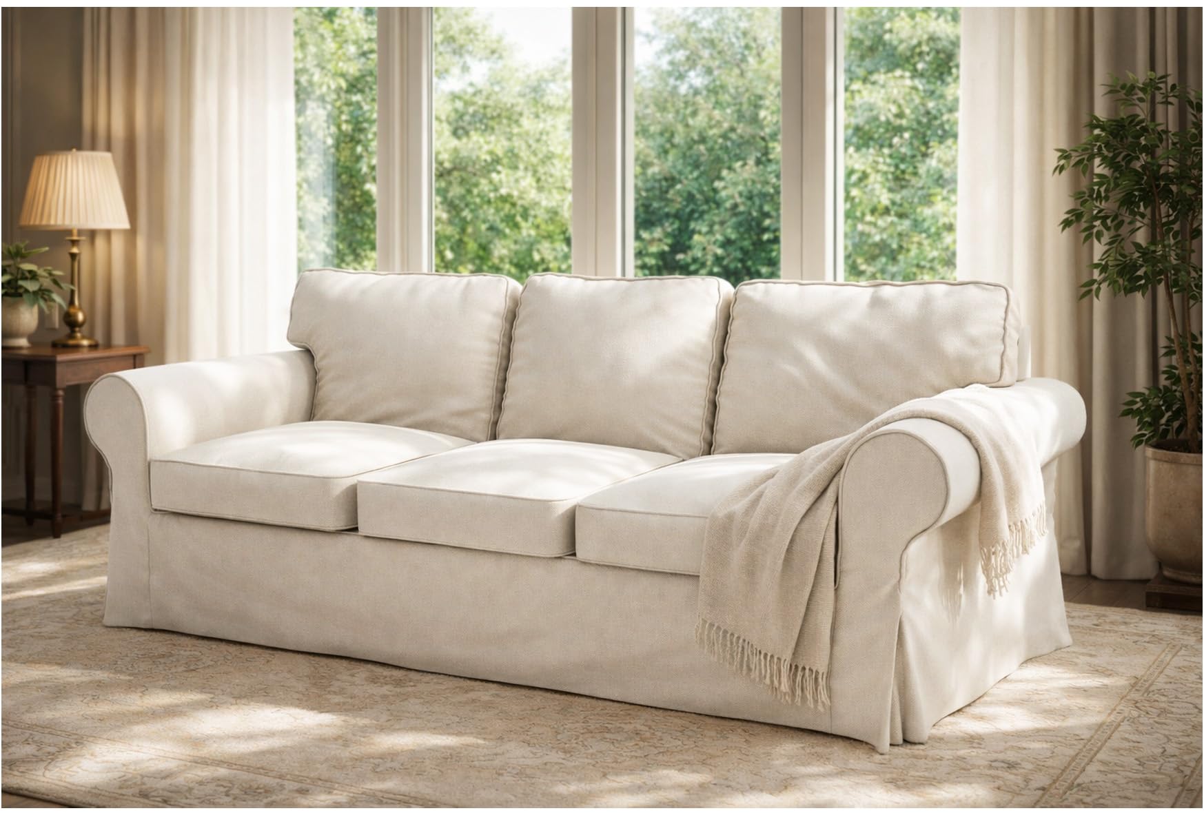 The Heavy Duty Fabric Ektorp 3.5 Seat Width: 98" (Not Regular 3 Seat) Sofa Cover Compatible with IKEA Ektorp Three and Half Sofa Cover, a Sofa Slipcover Replacement (Polyester Beige)