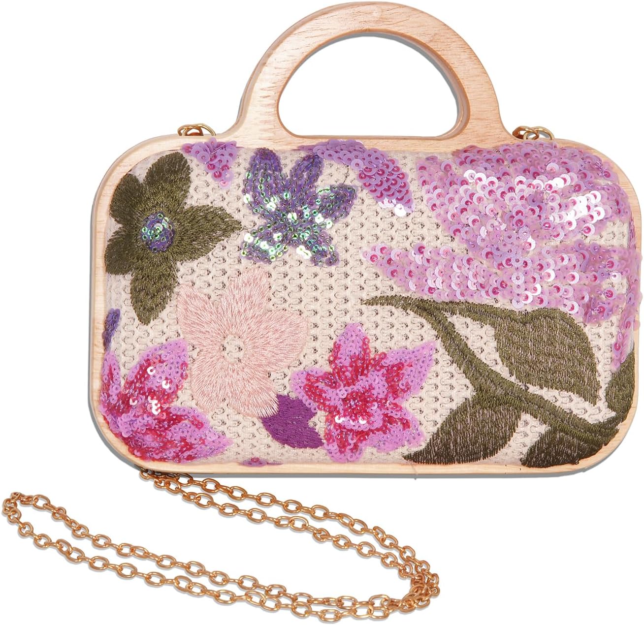 VNIMTI Floral Embroidery Sequin Clutch Evening Bag, Straw Beaded Purse for Women, Cute Ladies Wooden Handbag with Chain for Wedding, Party