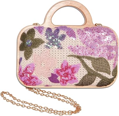 Floral Embroidery Sequin Clutch Evening Bag, Straw Beaded Purse for Women, Cute Ladies Wooden Handbag with Chain for Wedding, Party
