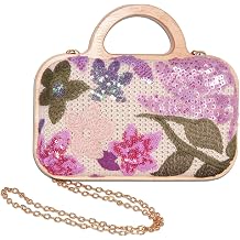 VNIMTI Floral Embroidery Sequin Clutch Evening Bag, Straw Beaded Purse for Women, Cute Ladies Wooden Handbag with Chain for Wedding, Party