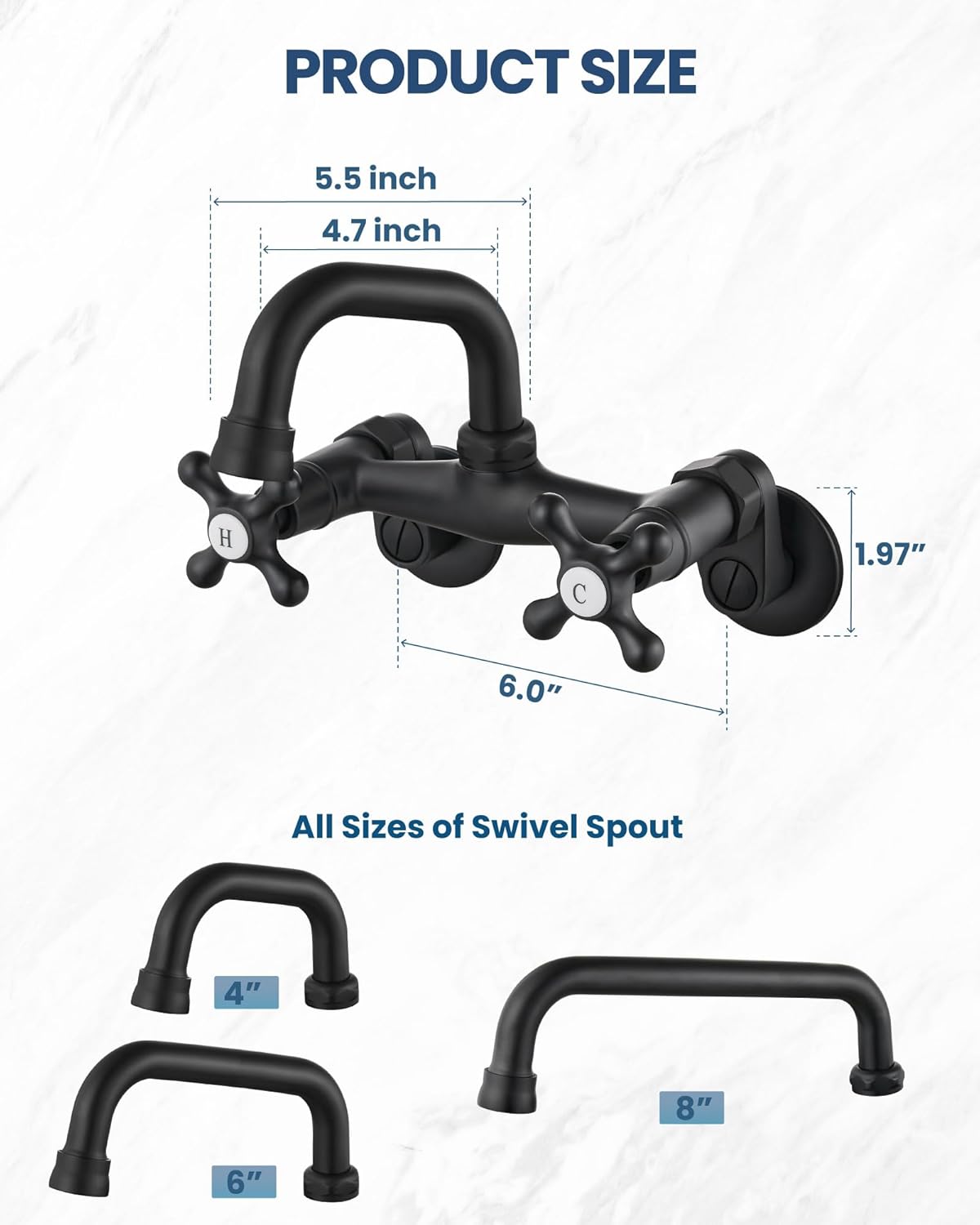 Airuida Wall Mount Kitchen Faucet, 4 Inch(10cm) Spout Wall Mount Laundry Sink Faucet, Adjustable Center Double Handles Hot and Cold Water Mixer Tap 360 Rotatable Restaurant Faucet-Matte Black