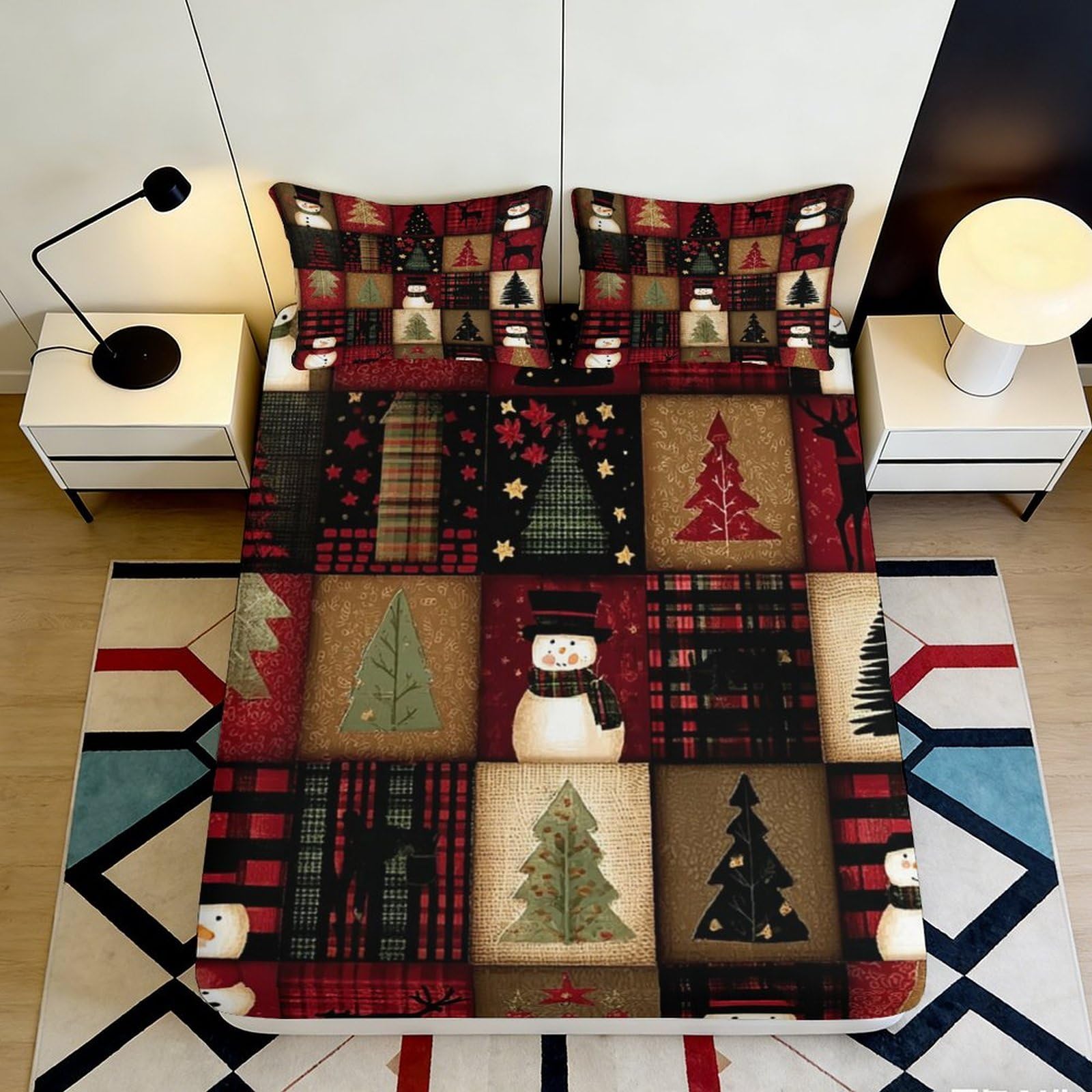 3D Printed Christmas Tree Fitted Sheet Microfiber Festive Snowman Mattress Cover Non Slip Washable for Bedroom Guest Room 90x200x25cm