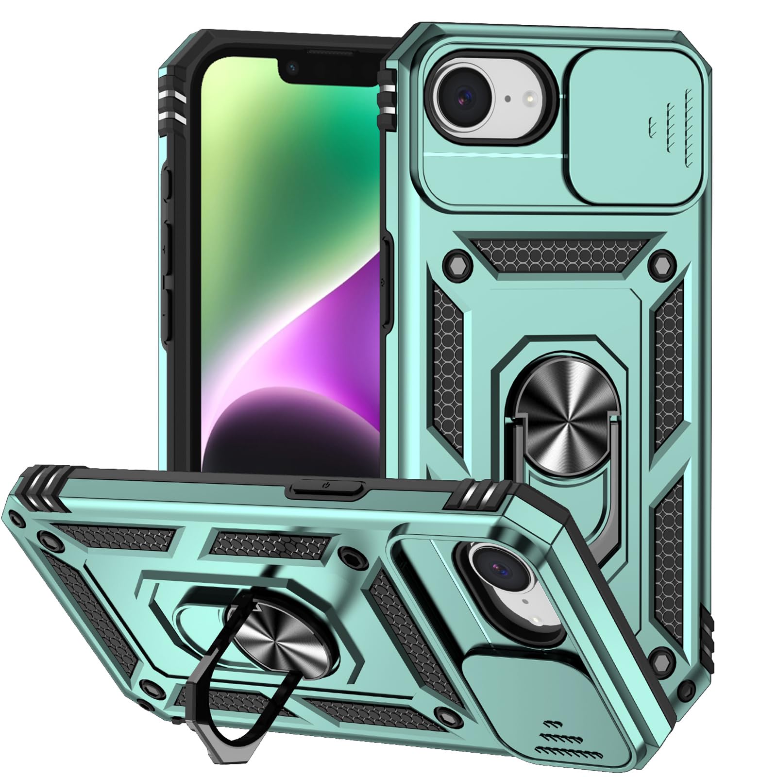 SKPY Case Compatible with iPhone 16E 2025 with Sliding Lens Cover, Military Armor Shockproof Protective Case with 360° Rotating Stand for Men Women