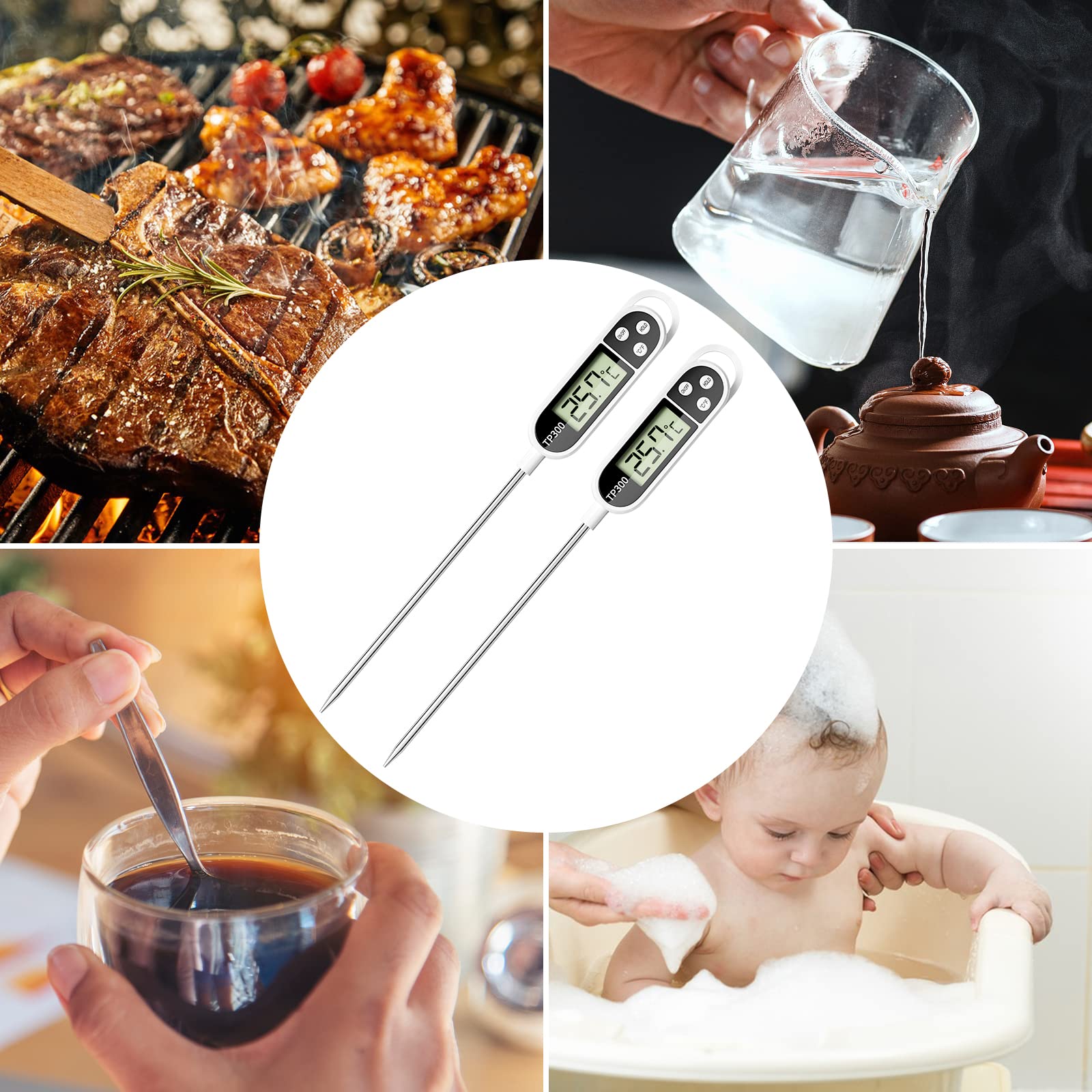 Firschoie 2 piezas Termómetro digital para cocina, Termómetro para cocinar a la parrilla con sonda larga, Precisión de la sonda alimentaria de 0,1°C, Termómetro de cocina para cocinar, hornear y asar