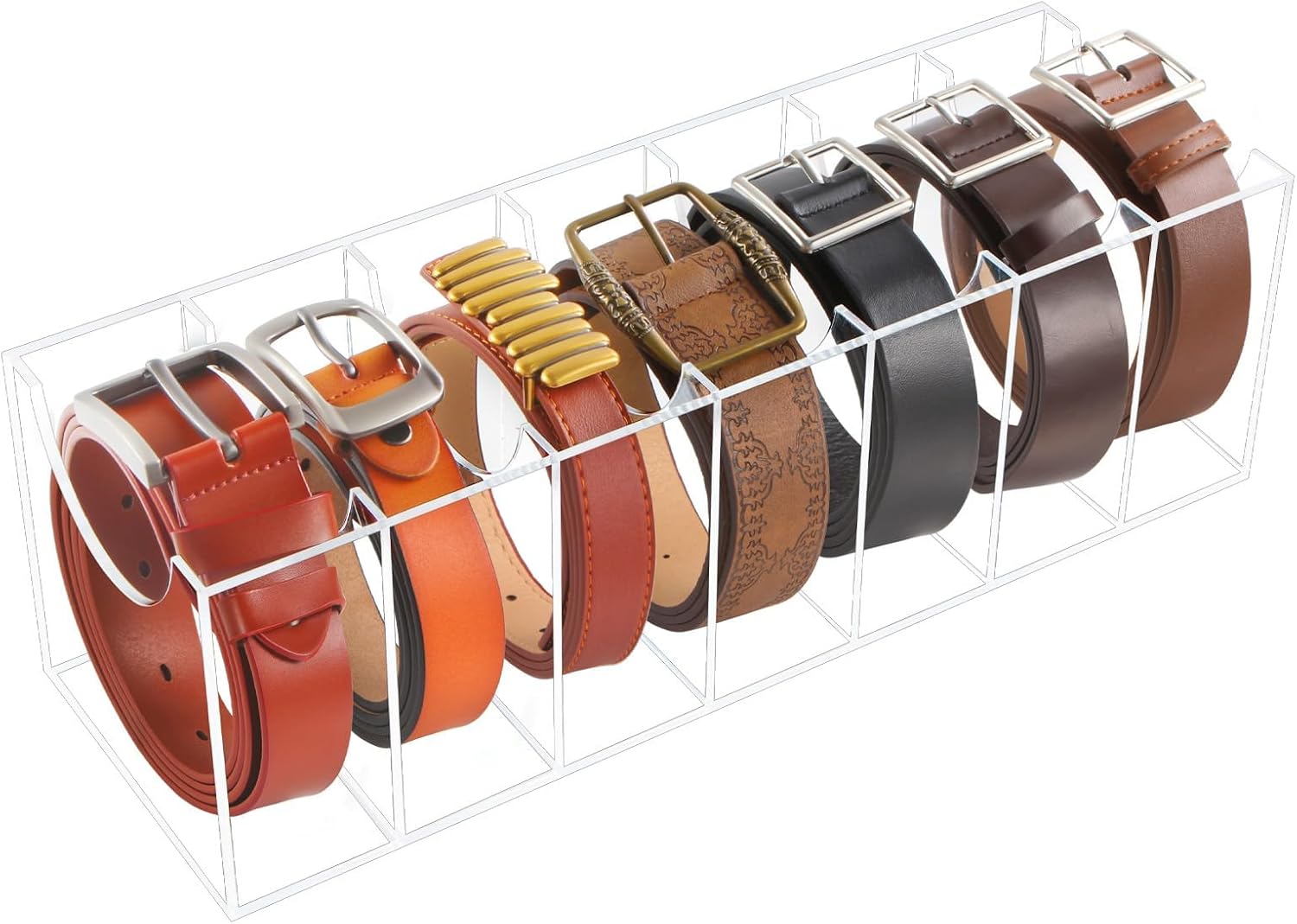 PINKE Belt Organizer, Acrylic Bow Ties Holder Belt Display Case Bracelets Rack Storage Organizer for Men, Clear Jewelry Rack for Closet Drawer Cosmetics (7 Compartments)