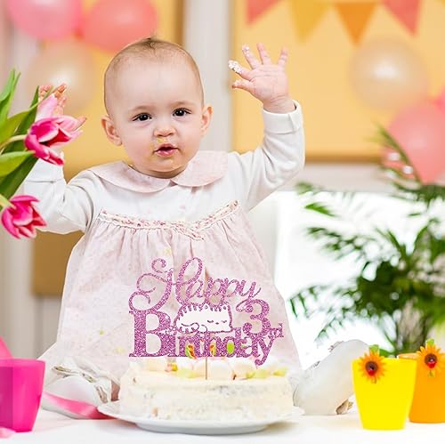 Miniatura 5 de Decoración para tartas de cumpleaños de 3 años, decoración de pastel de cumpleaños con purpurina rosa, decoración de pastel de cumpleaños de tres