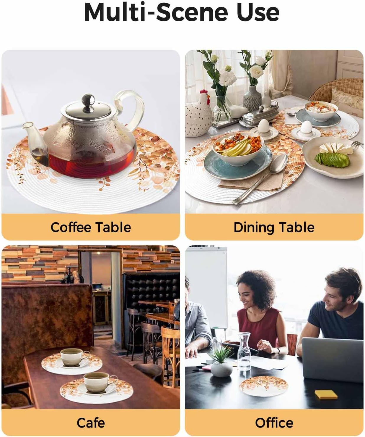 Round Placemats Orange Eucalyptus 15 inch Placemats for Dining Tables Watercolor Leaves Round Table Mats for Kitchen Decoration Set of 6