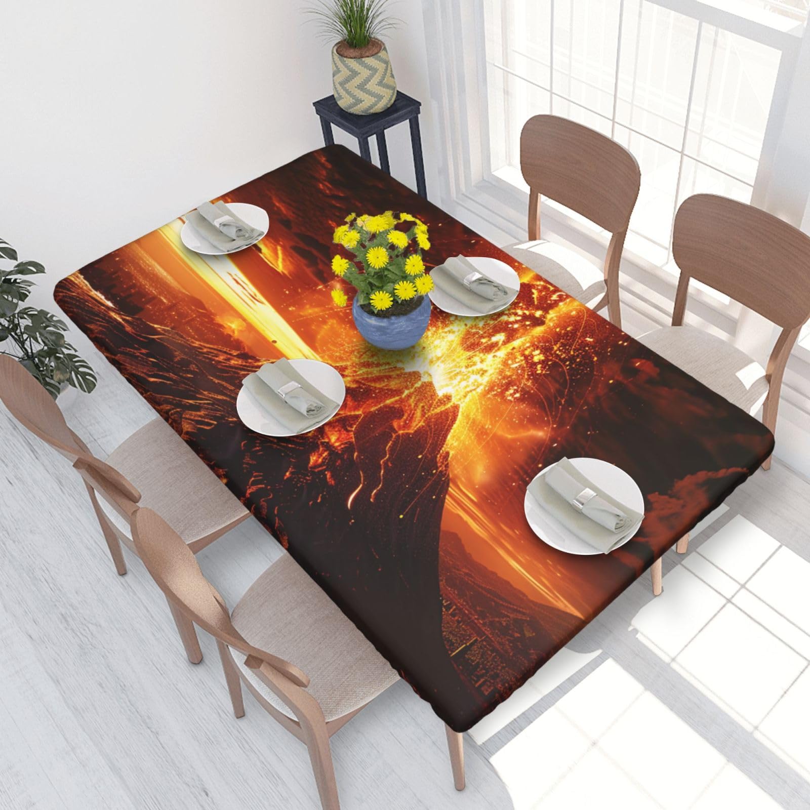 DCARSETCV Volcano Printed 4FT Waterproof Tablecloth with Elastic Edged Protect & Decor Your Table, Oil-proof Washable Table Cloth Cover for Dinner Picnic Party